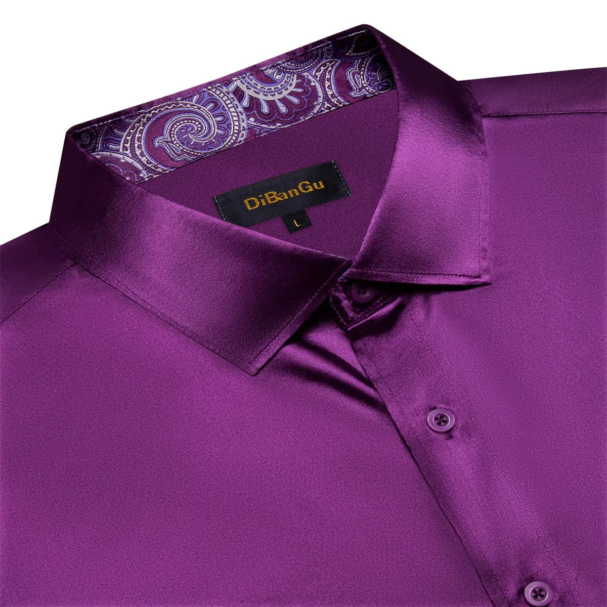 DiBanGu Tuxedo Shirt Palatinate Purple Solid Satin Silk Button Up Long Sleeve Shirt for Men