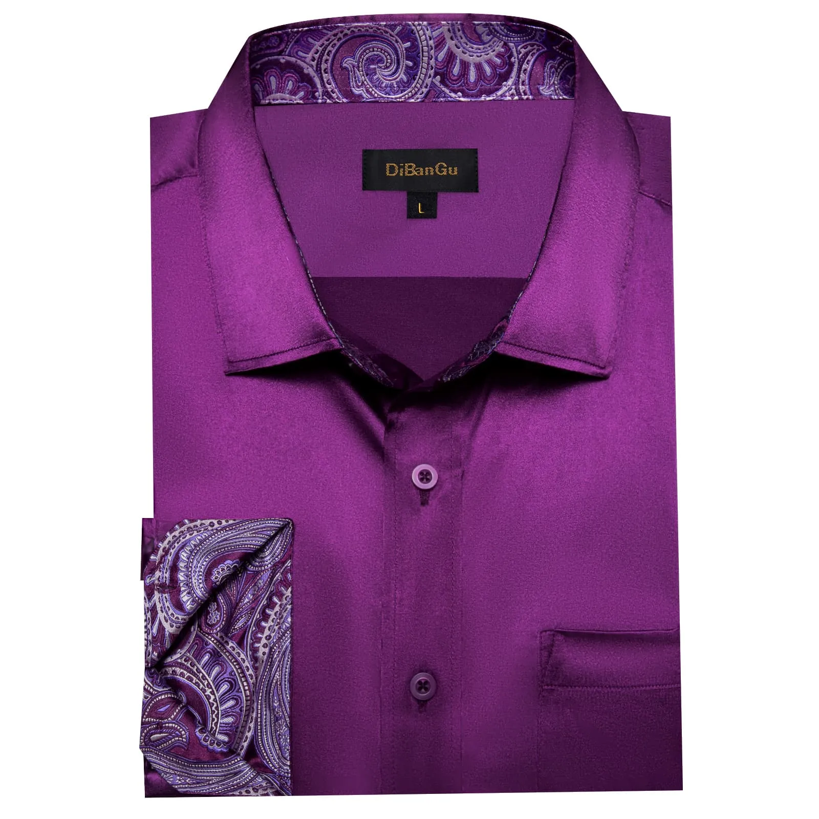 DiBanGu Tuxedo Shirt Palatinate Purple Solid Satin Silk Button Up Long Sleeve Shirt for Men