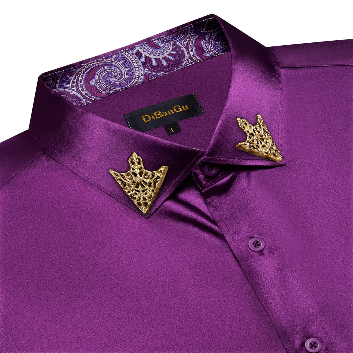 DiBanGu Tuxedo Shirt Palatinate Purple Solid Satin Silk Button Up Long Sleeve Shirt for Men