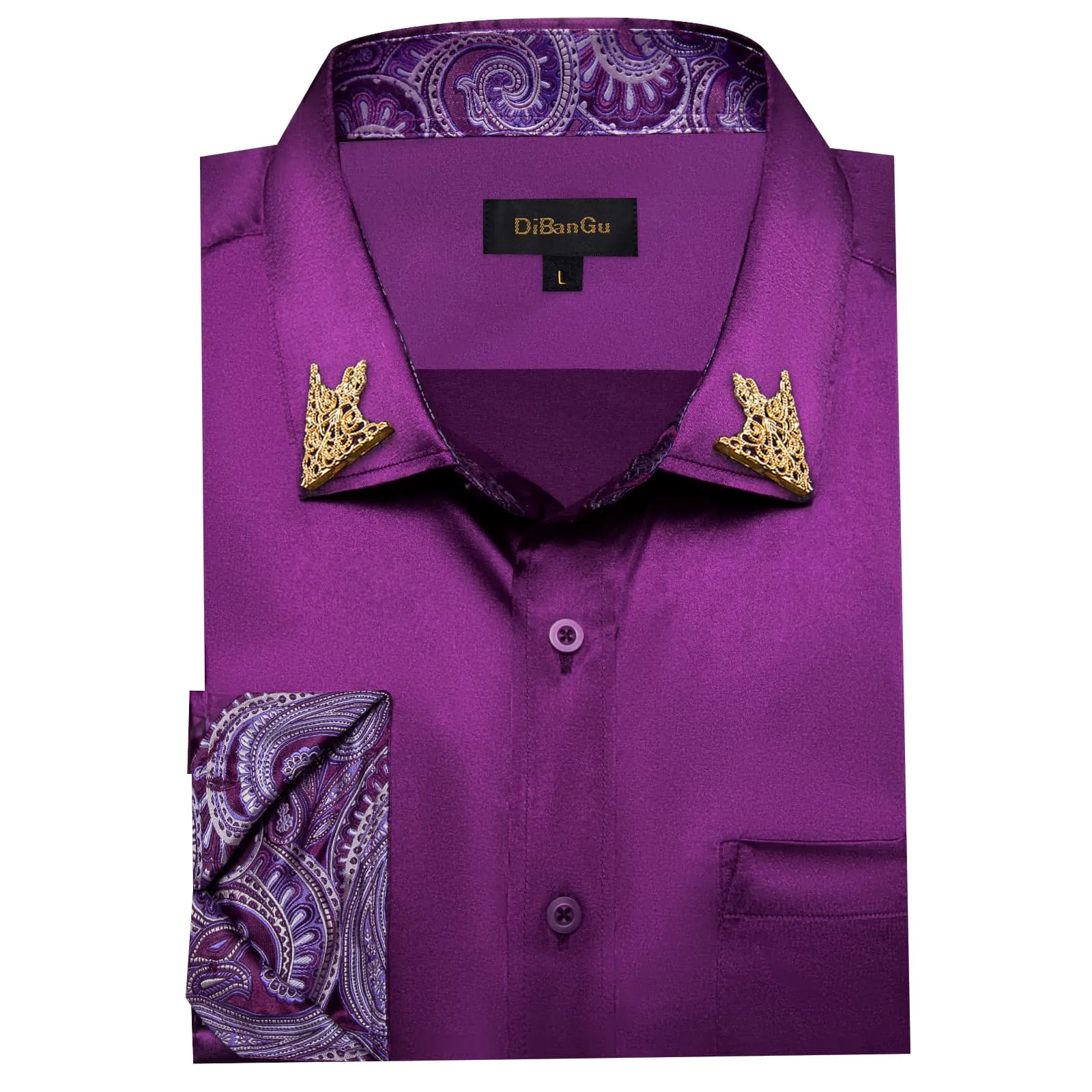 DiBanGu Tuxedo Shirt Palatinate Purple Solid Satin Silk Button Up Long Sleeve Shirt for Men