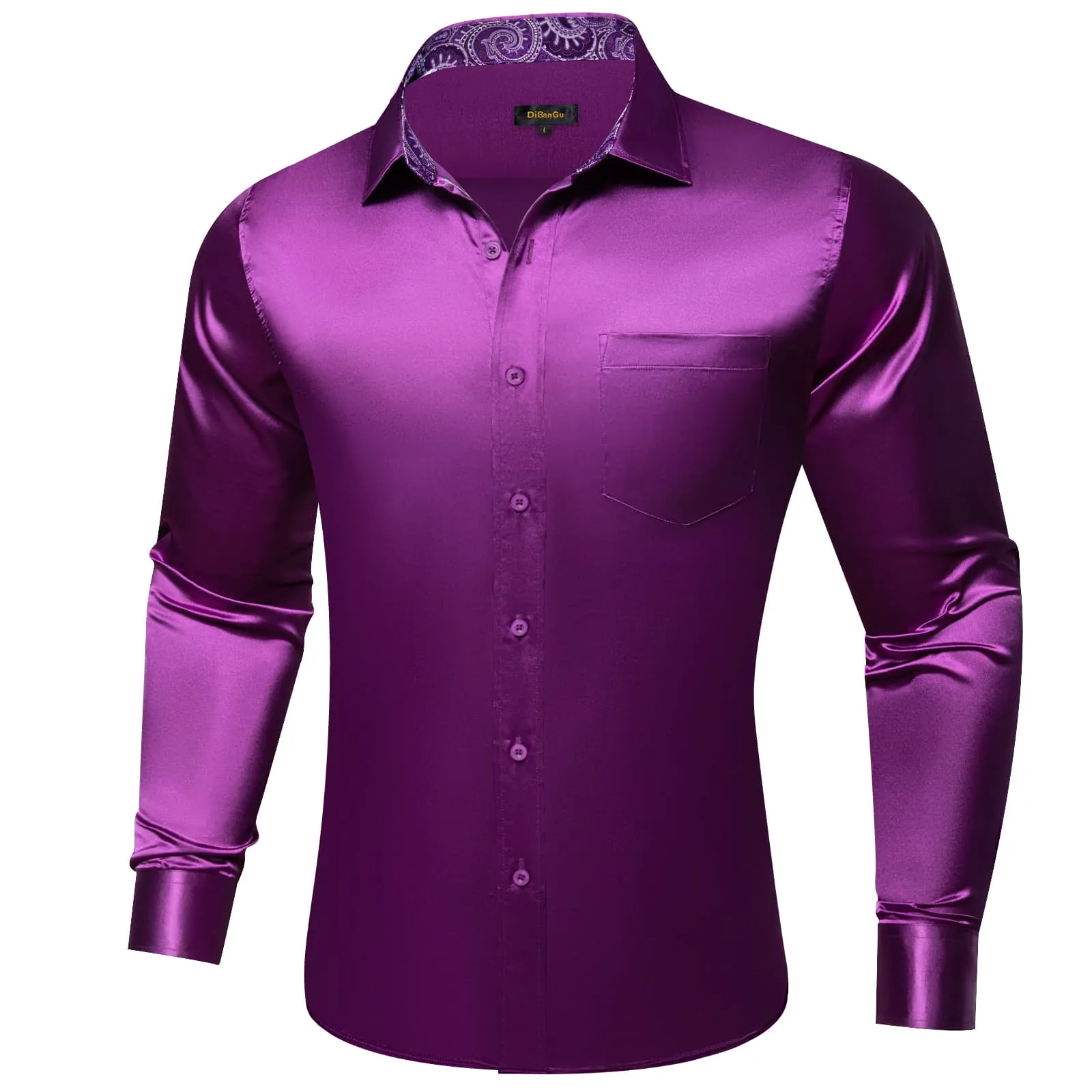 DiBanGu Tuxedo Shirt Palatinate Purple Solid Satin Silk Button Up Long Sleeve Shirt for Men