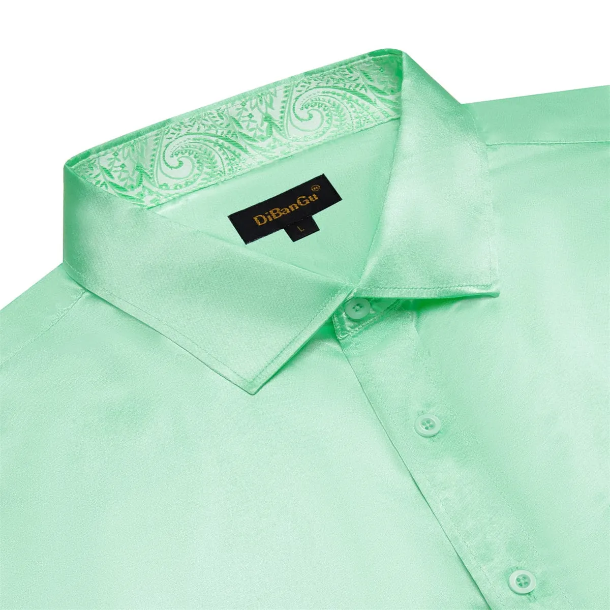 DiBanGu Tuxedo Shirt Turquoise Green Solid Satin Silk Button Up Long Sleeve Shirt for Men