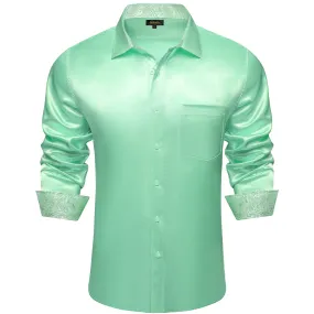 DiBanGu Tuxedo Shirt Turquoise Green Solid Satin Silk Button Up Long Sleeve Shirt for Men