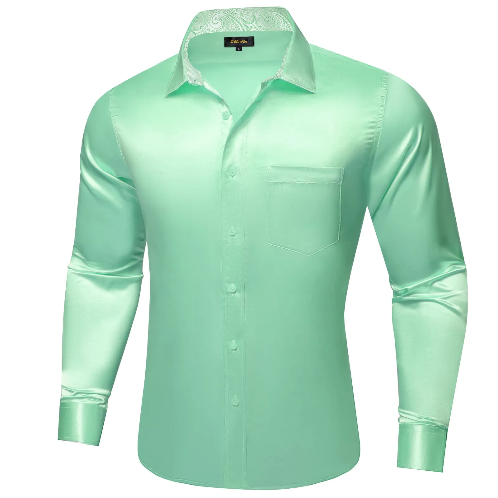 DiBanGu Tuxedo Shirt Turquoise Green Solid Satin Silk Button Up Long Sleeve Shirt for Men