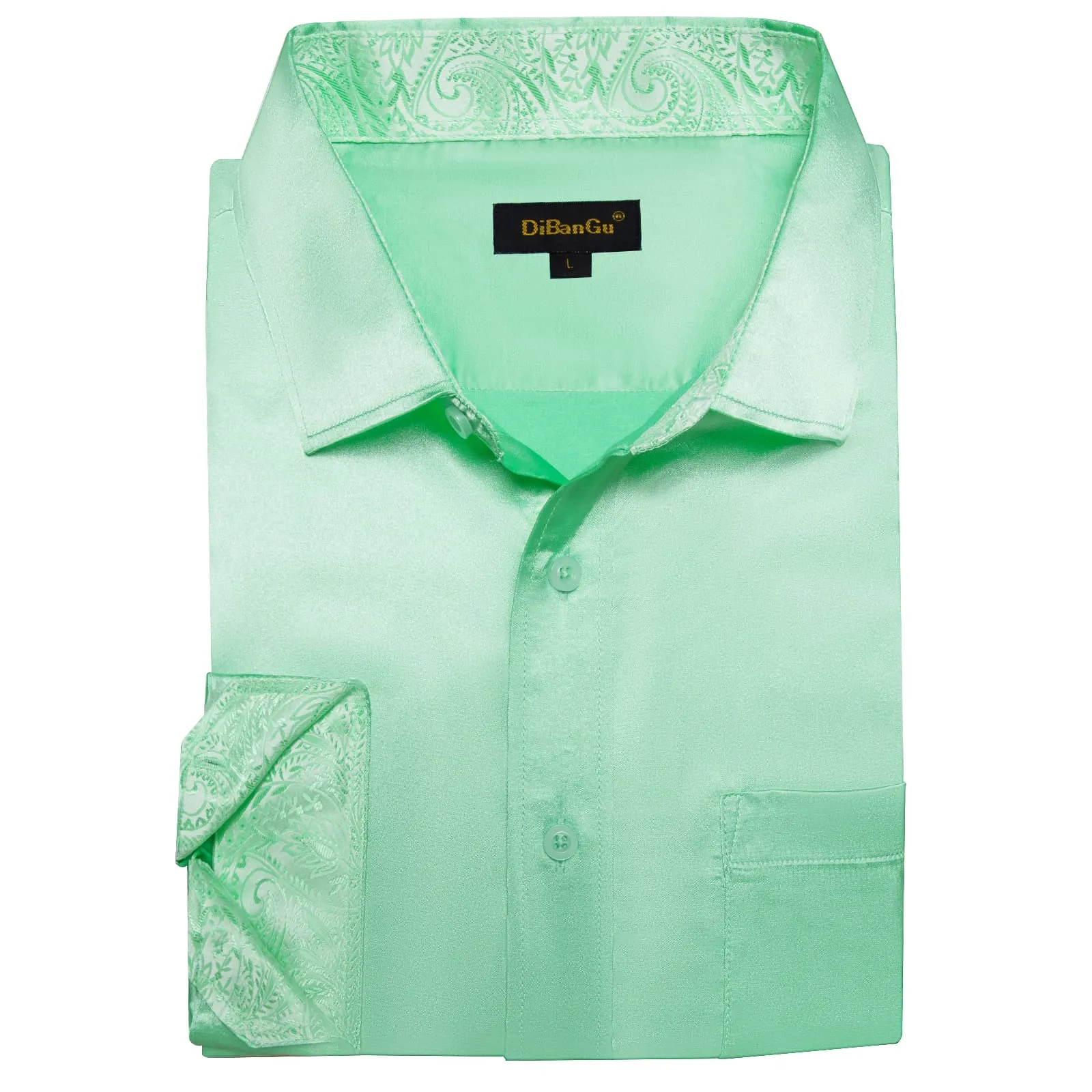 DiBanGu Tuxedo Shirt Turquoise Green Solid Satin Silk Button Up Long Sleeve Shirt for Men