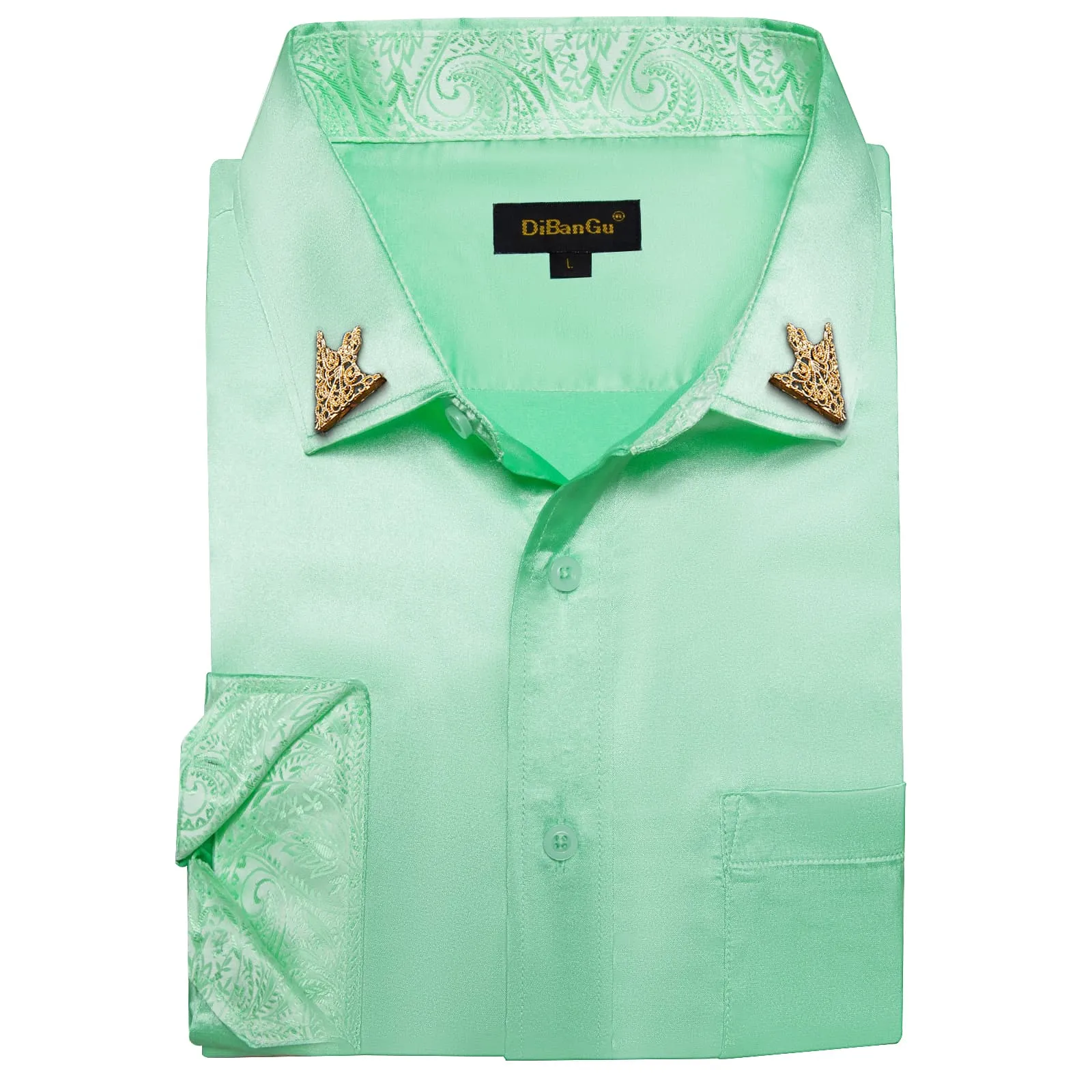 DiBanGu Tuxedo Shirt Turquoise Green Solid Satin Silk Button Up Long Sleeve Shirt for Men