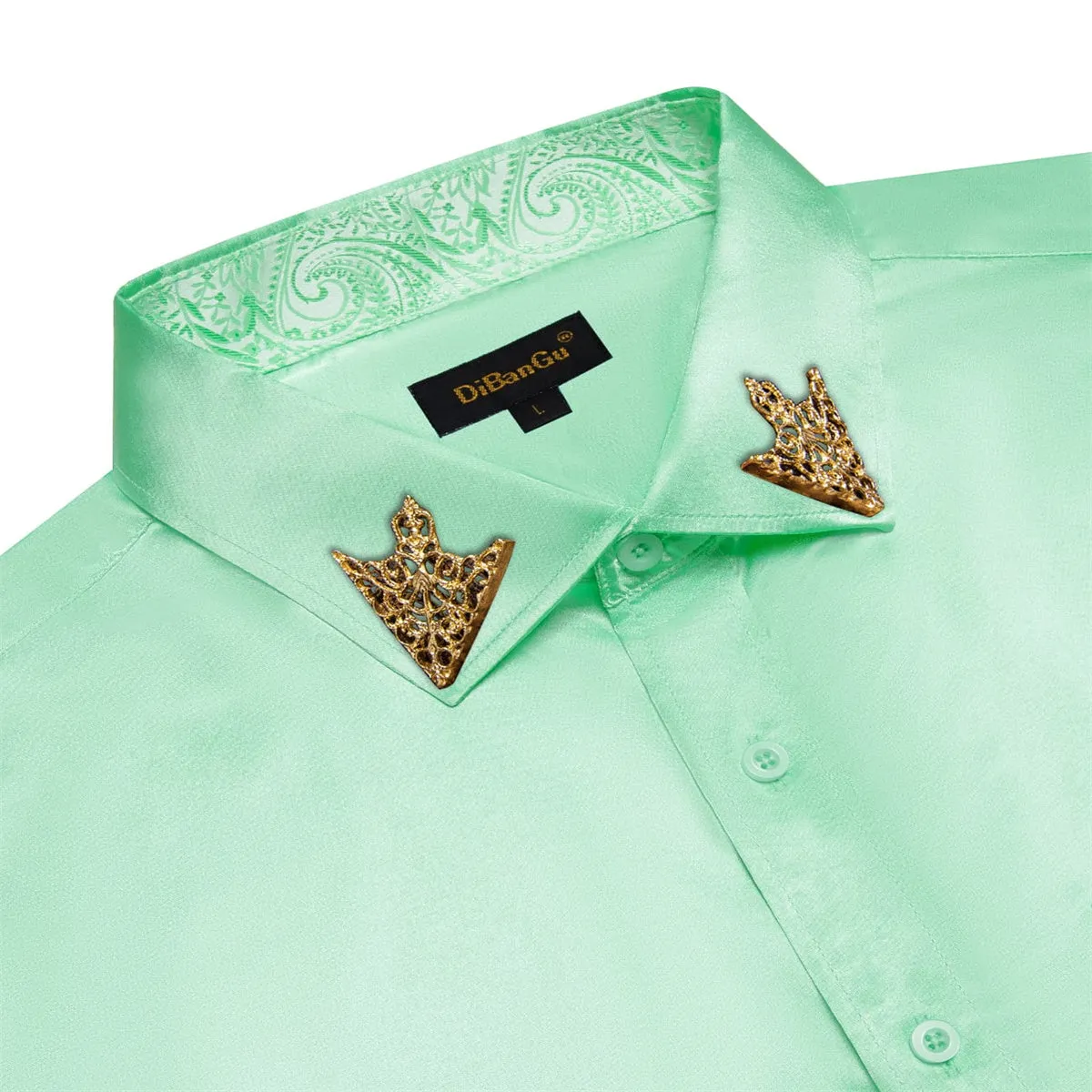 DiBanGu Tuxedo Shirt Turquoise Green Solid Satin Silk Button Up Long Sleeve Shirt for Men