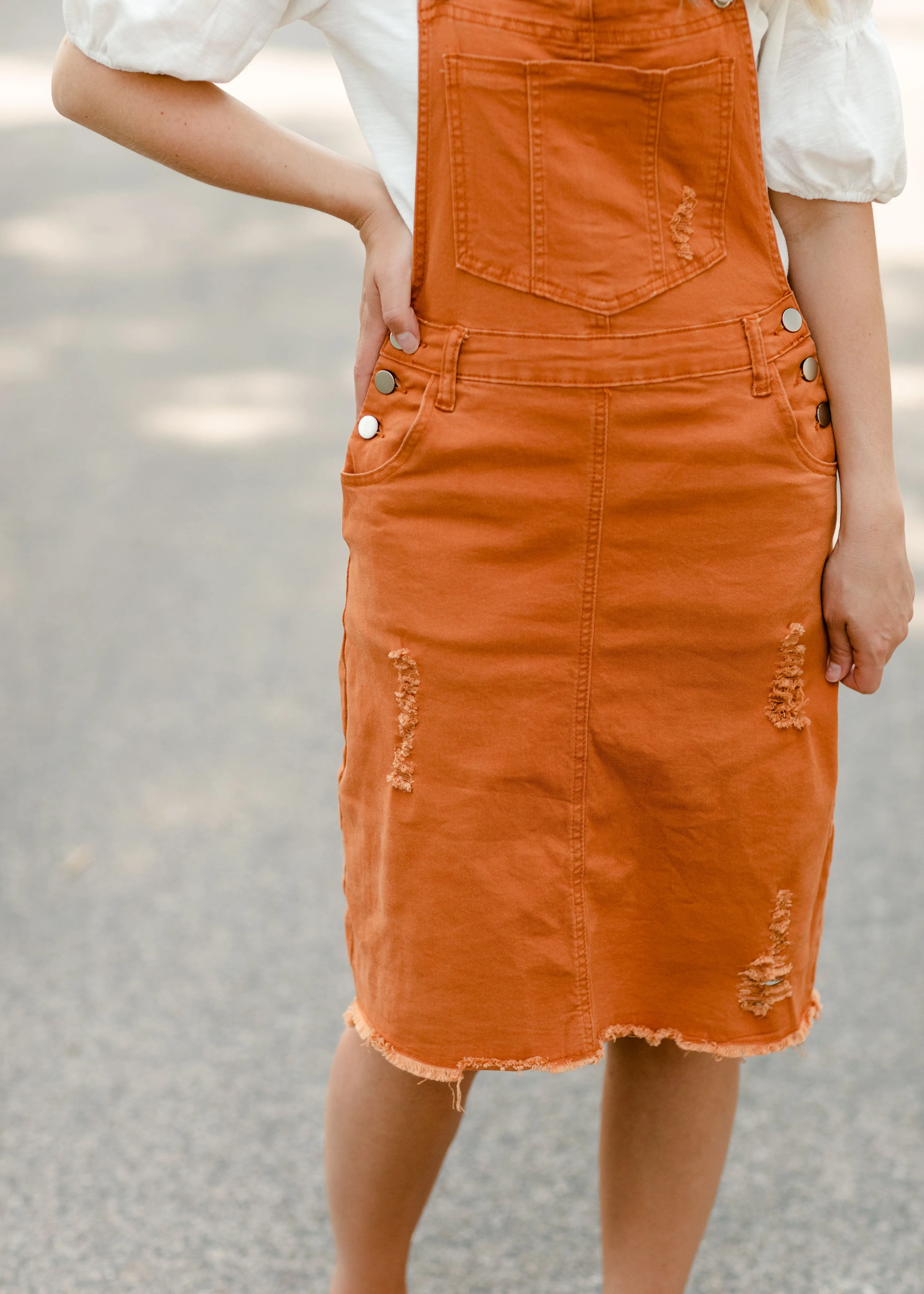 Distressed Orange Overall Midi Dress