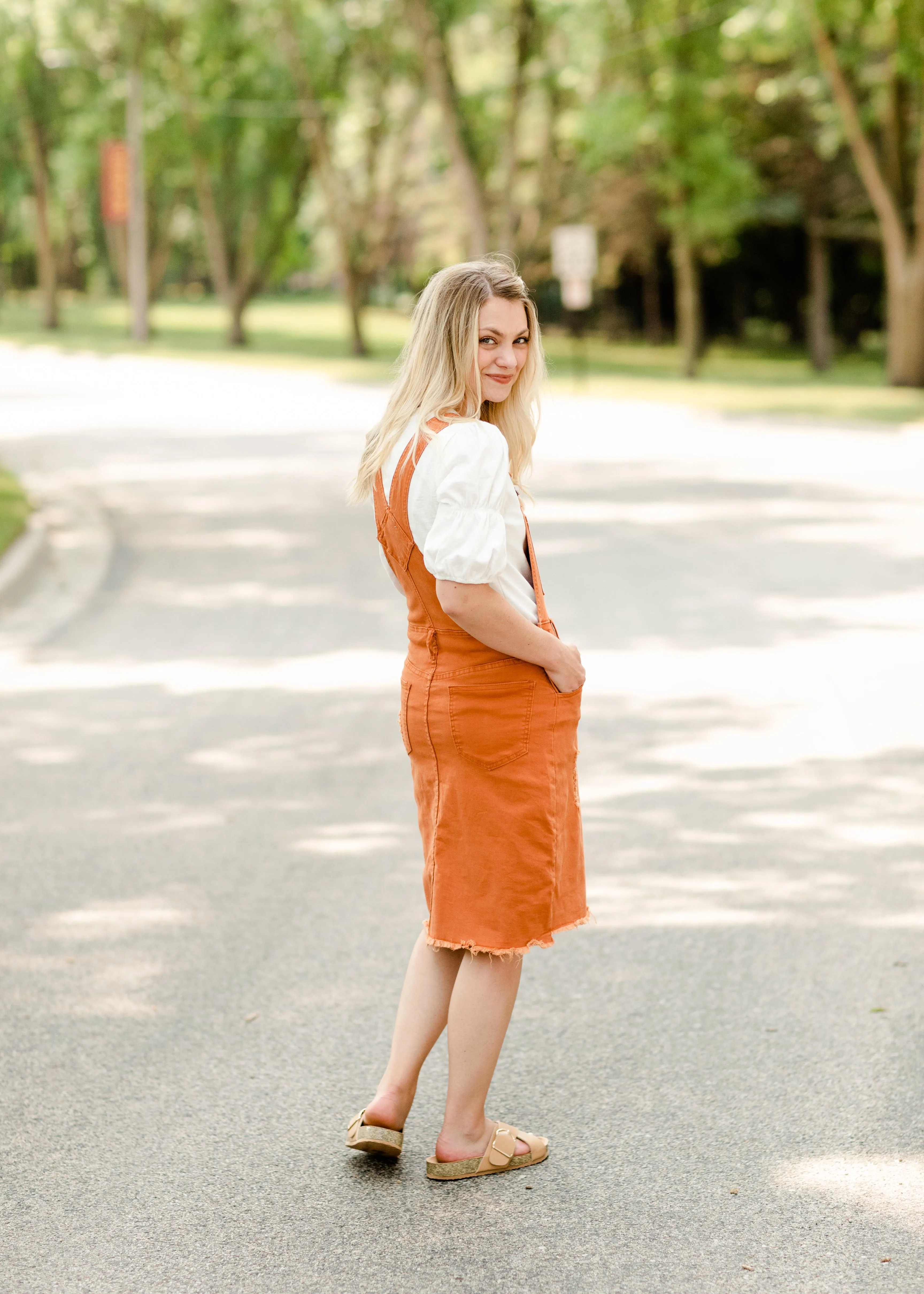 Distressed Orange Overall Midi Dress