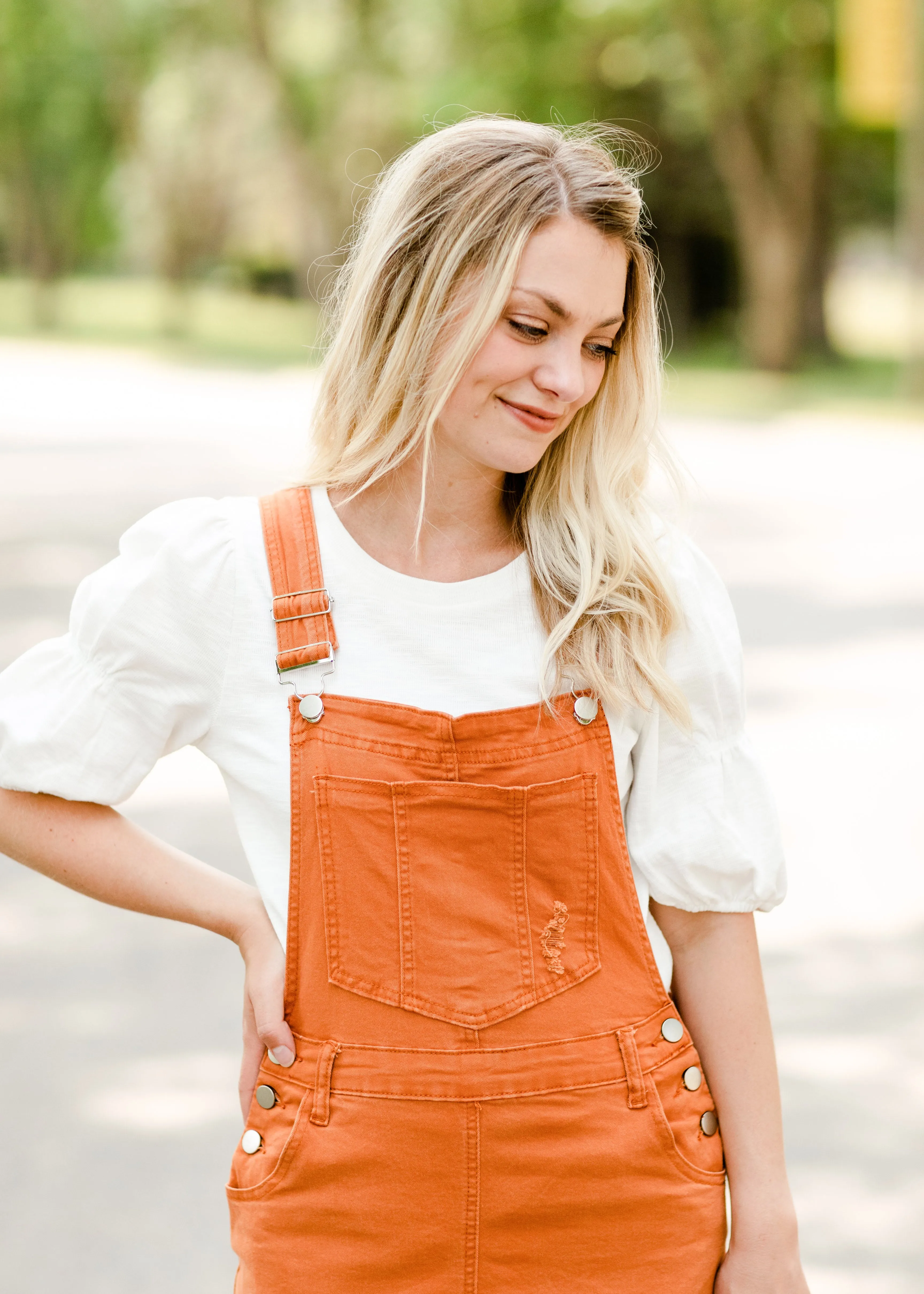 Distressed Orange Overall Midi Dress