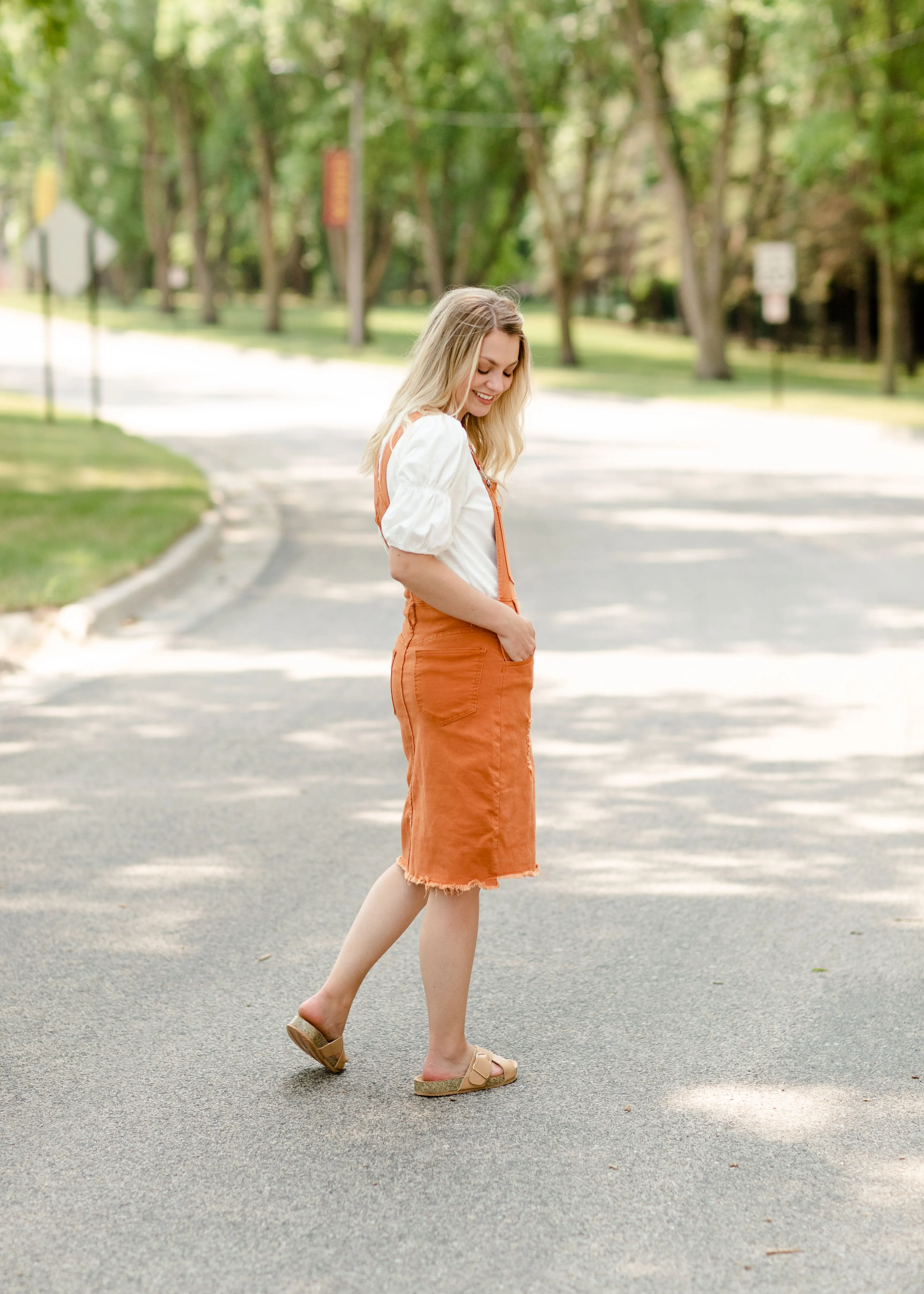 Distressed Orange Overall Midi Dress