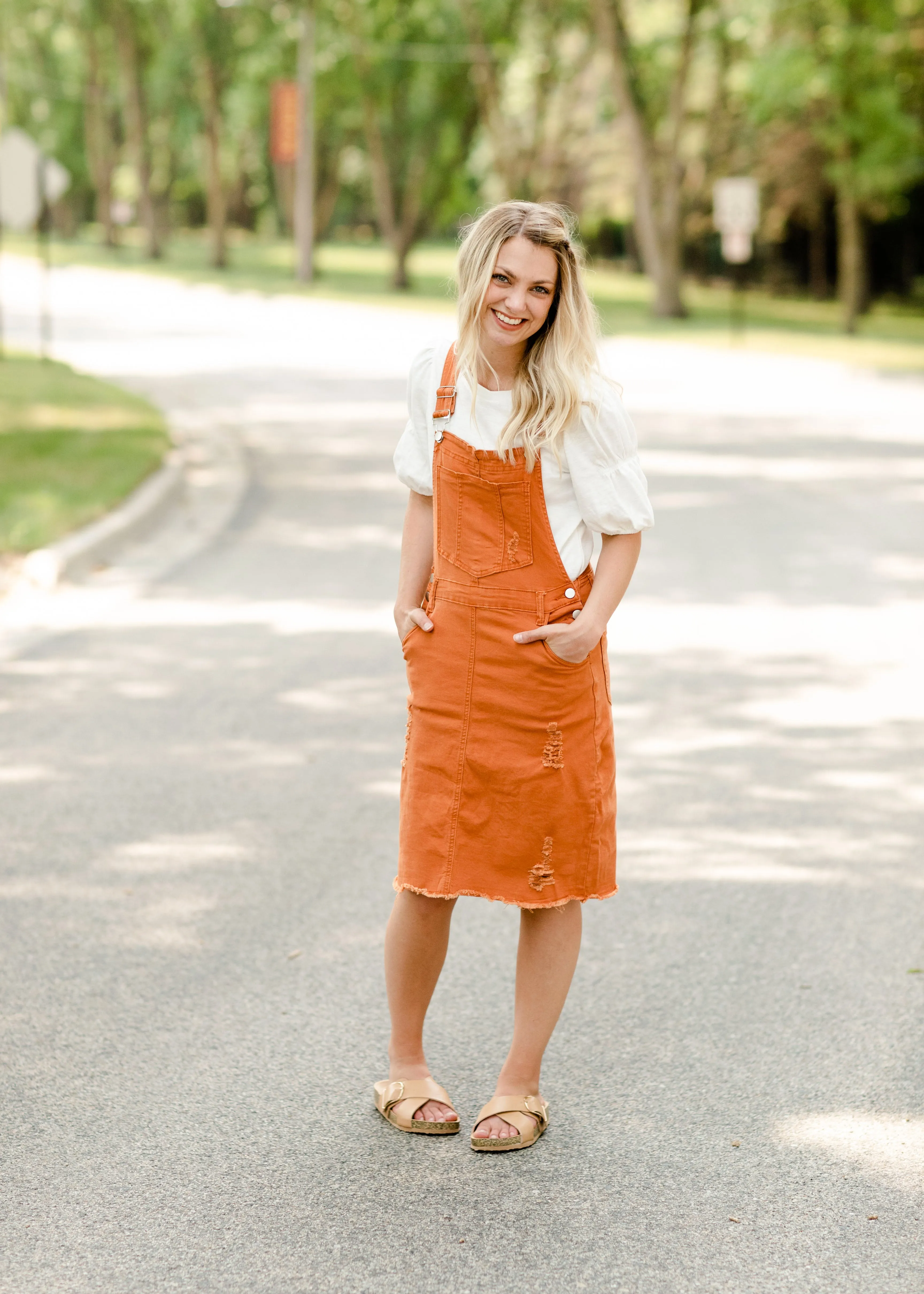 Distressed Orange Overall Midi Dress