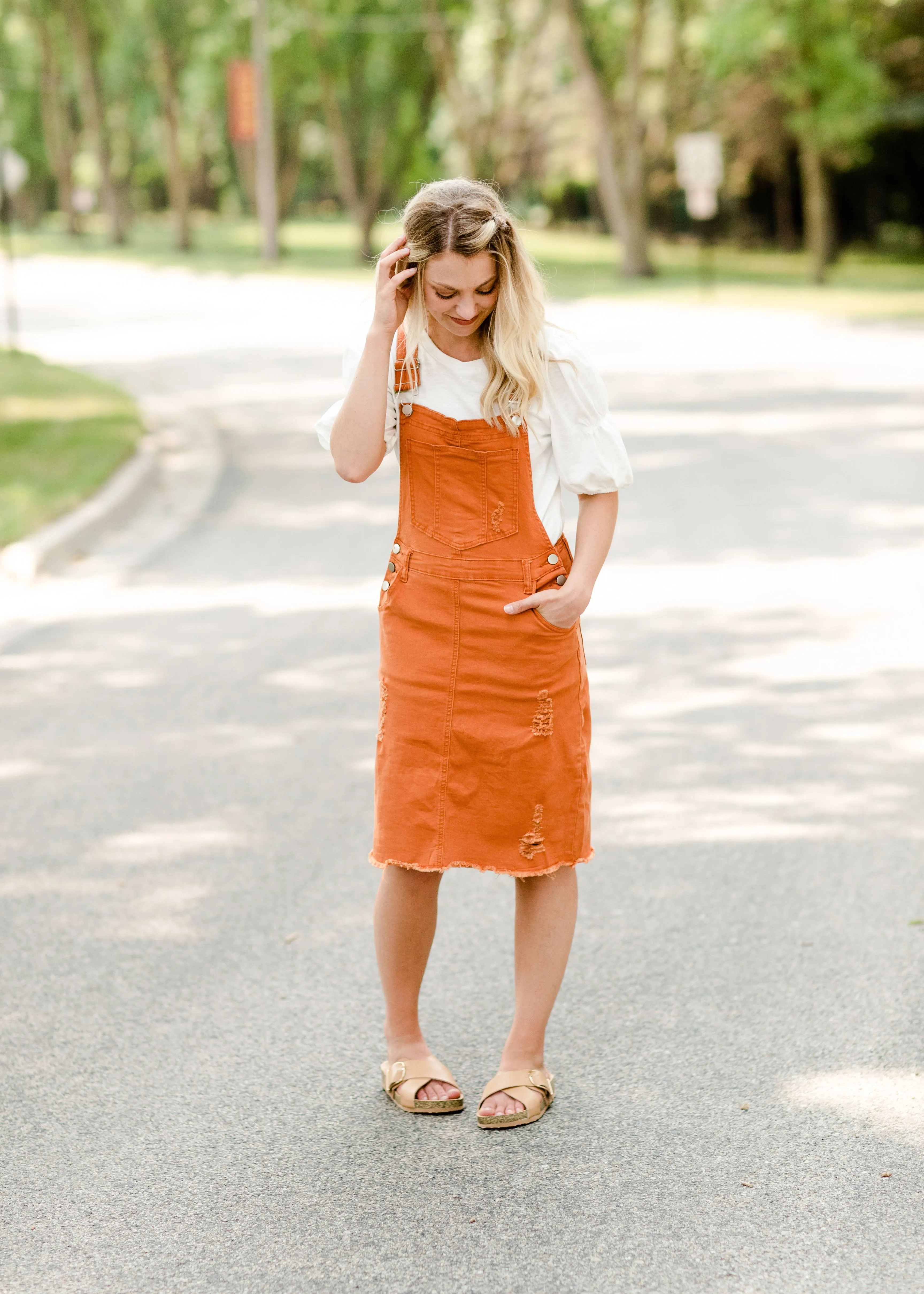 Distressed Orange Overall Midi Dress