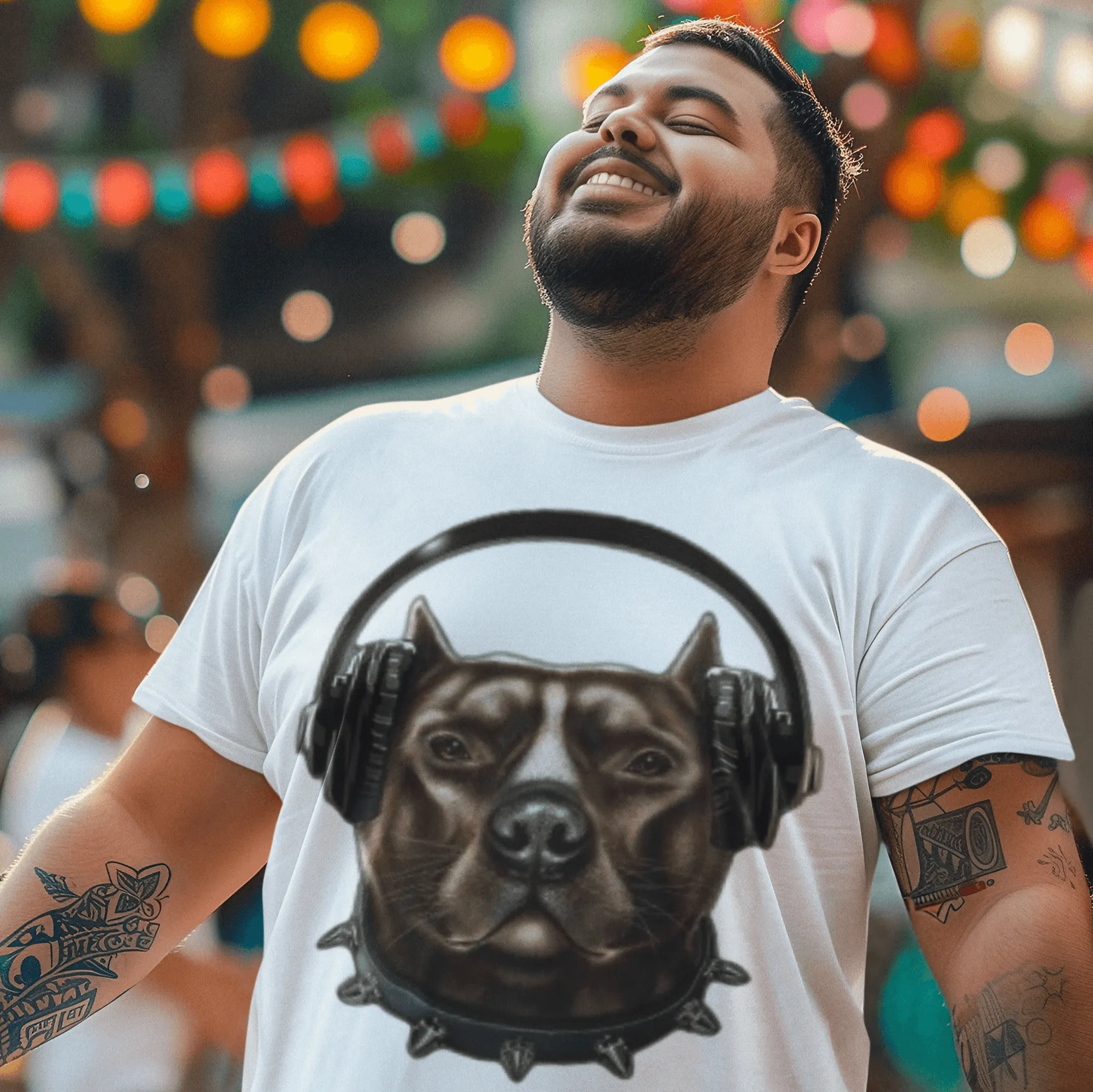 Dog Tshirt Pit Bull With Headphones And Necklace Short Sleeve Premium Crew Neck Top