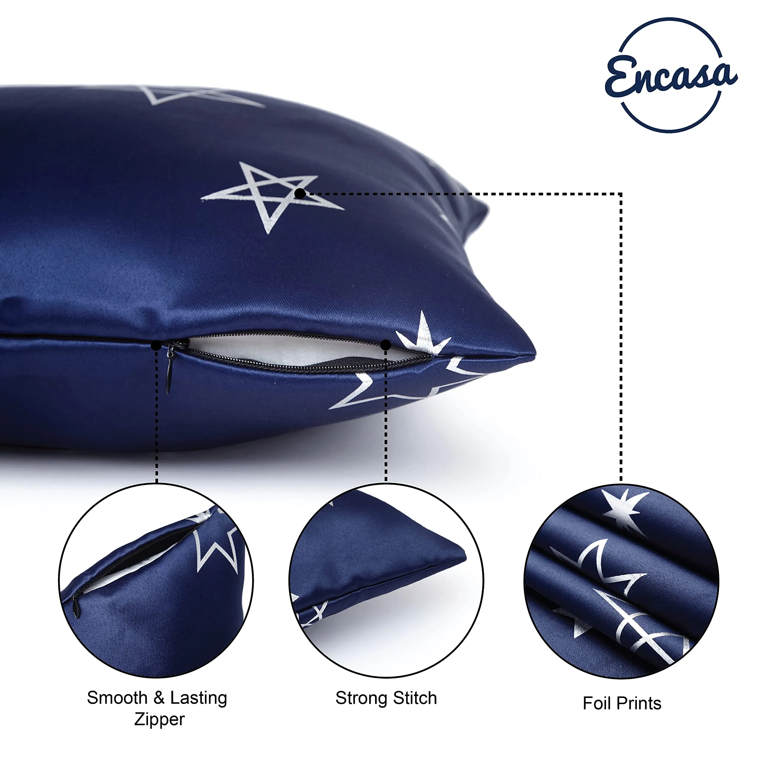 Encasa Homes Cushion Covers (50x50 cm, 2pc set) I Star Navy I Silver Foil Print on Heavy Soft Satin I Machine Washable I Many sizes & colors