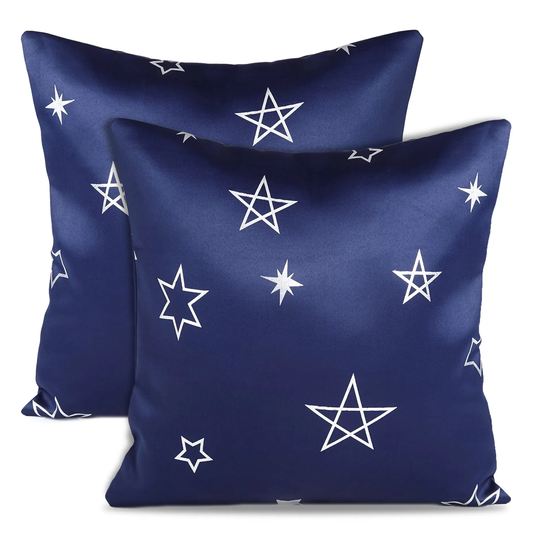 Encasa Homes Cushion Covers (50x50 cm, 2pc set) I Star Navy I Silver Foil Print on Heavy Soft Satin I Machine Washable I Many sizes & colors