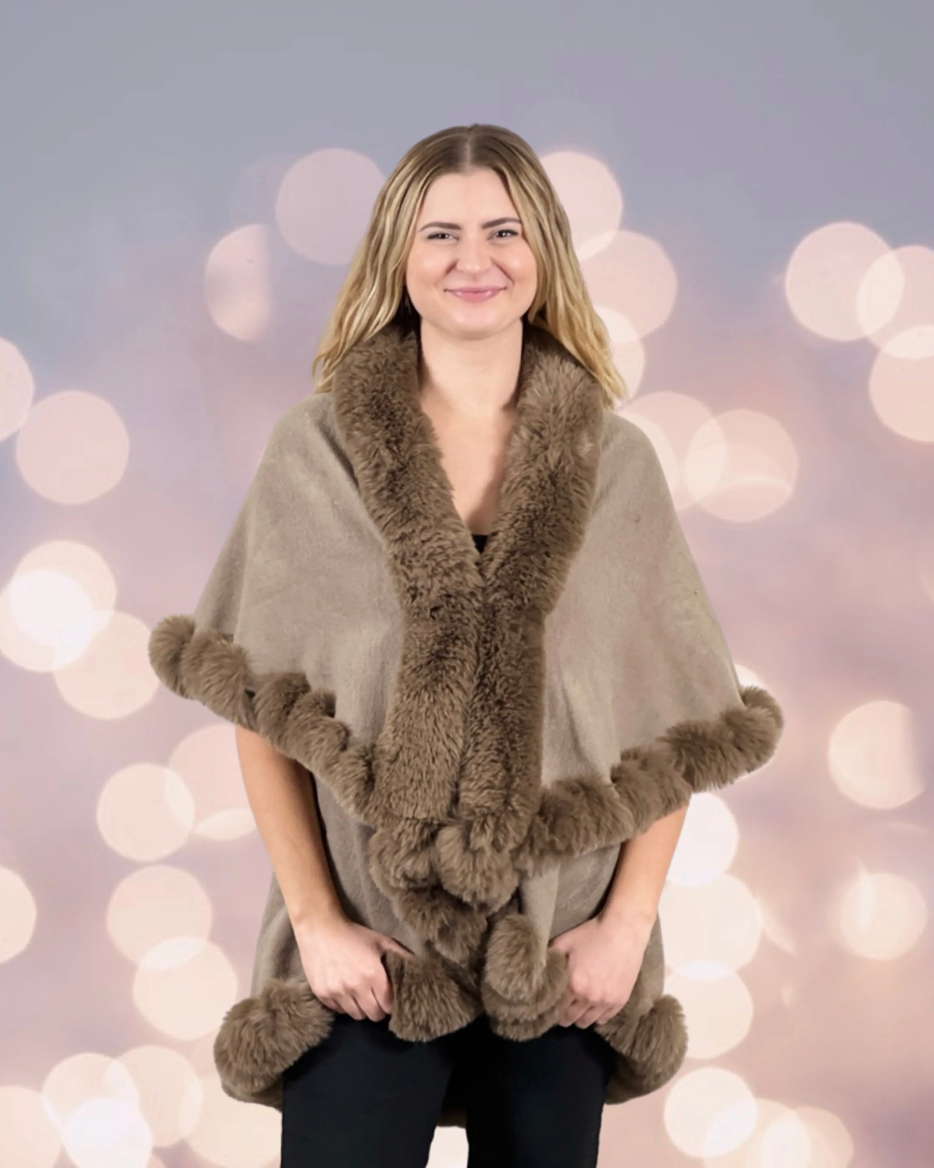 Faux Fur Trim Kimono Knitted Cape solid color Autumn Winter Imitation Rabbit Fur Collar Windproof Cloak Boho Style  Fur Collar Shawl Warm Cardigan - Latte