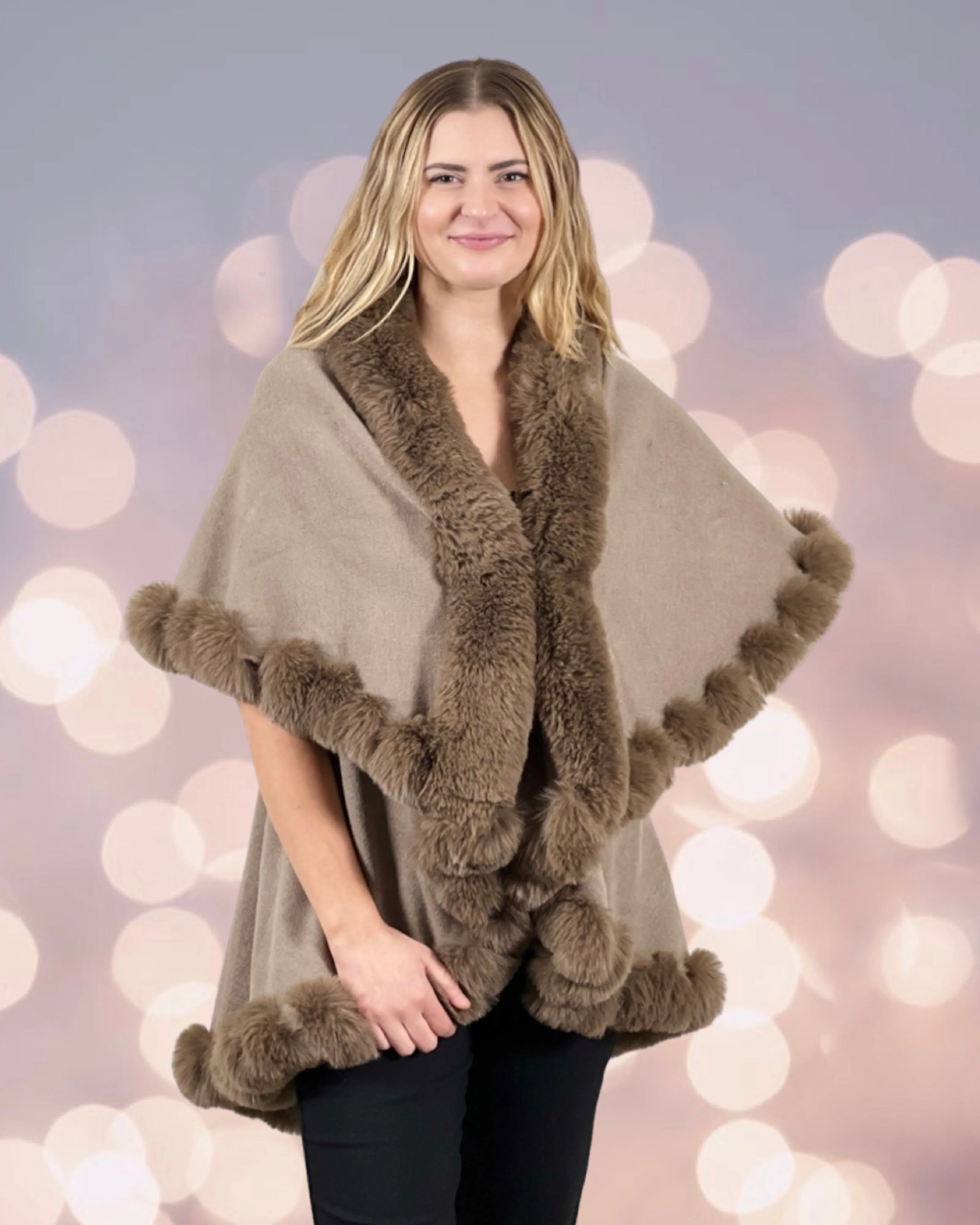 Faux Fur Trim Kimono Knitted Cape solid color Autumn Winter Imitation Rabbit Fur Collar Windproof Cloak Boho Style  Fur Collar Shawl Warm Cardigan - Latte