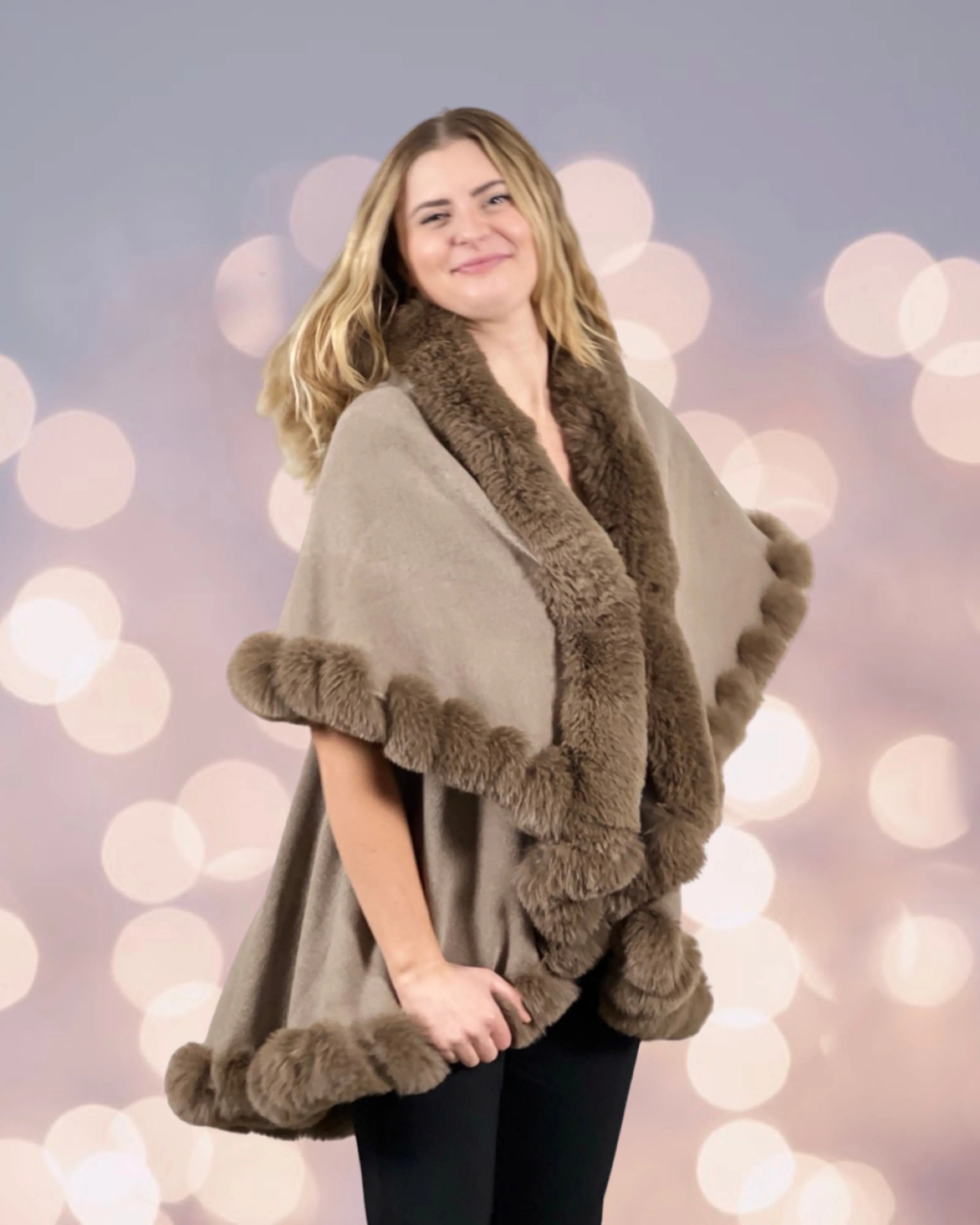 Faux Fur Trim Kimono Knitted Cape solid color Autumn Winter Imitation Rabbit Fur Collar Windproof Cloak Boho Style  Fur Collar Shawl Warm Cardigan - Latte