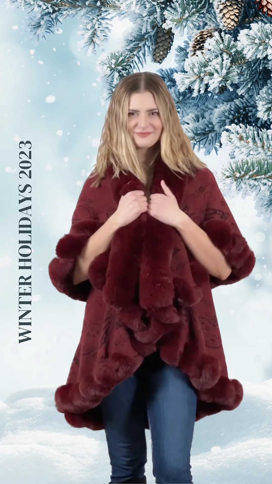 Faux Fur Trim Kimono Knitted Cape with butterfly jacquard pattern Autumn Winter Imitation Rabbit Fur Collar Windproof Cloak Boho Style  Fur Collar Shawl Warm Cardigan - Burgundy