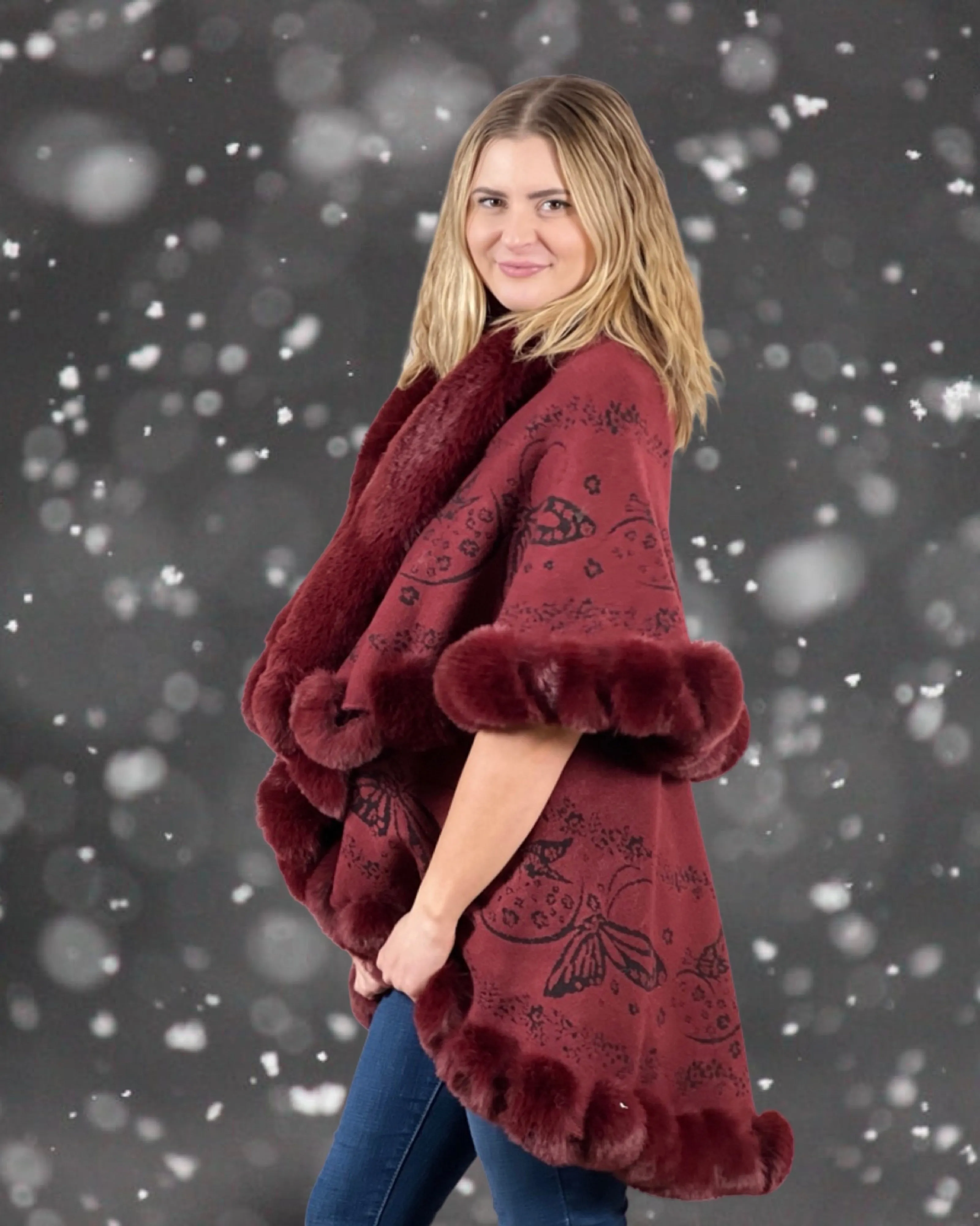 Faux Fur Trim Kimono Knitted Cape with butterfly jacquard pattern Autumn Winter Imitation Rabbit Fur Collar Windproof Cloak Boho Style  Fur Collar Shawl Warm Cardigan - Burgundy