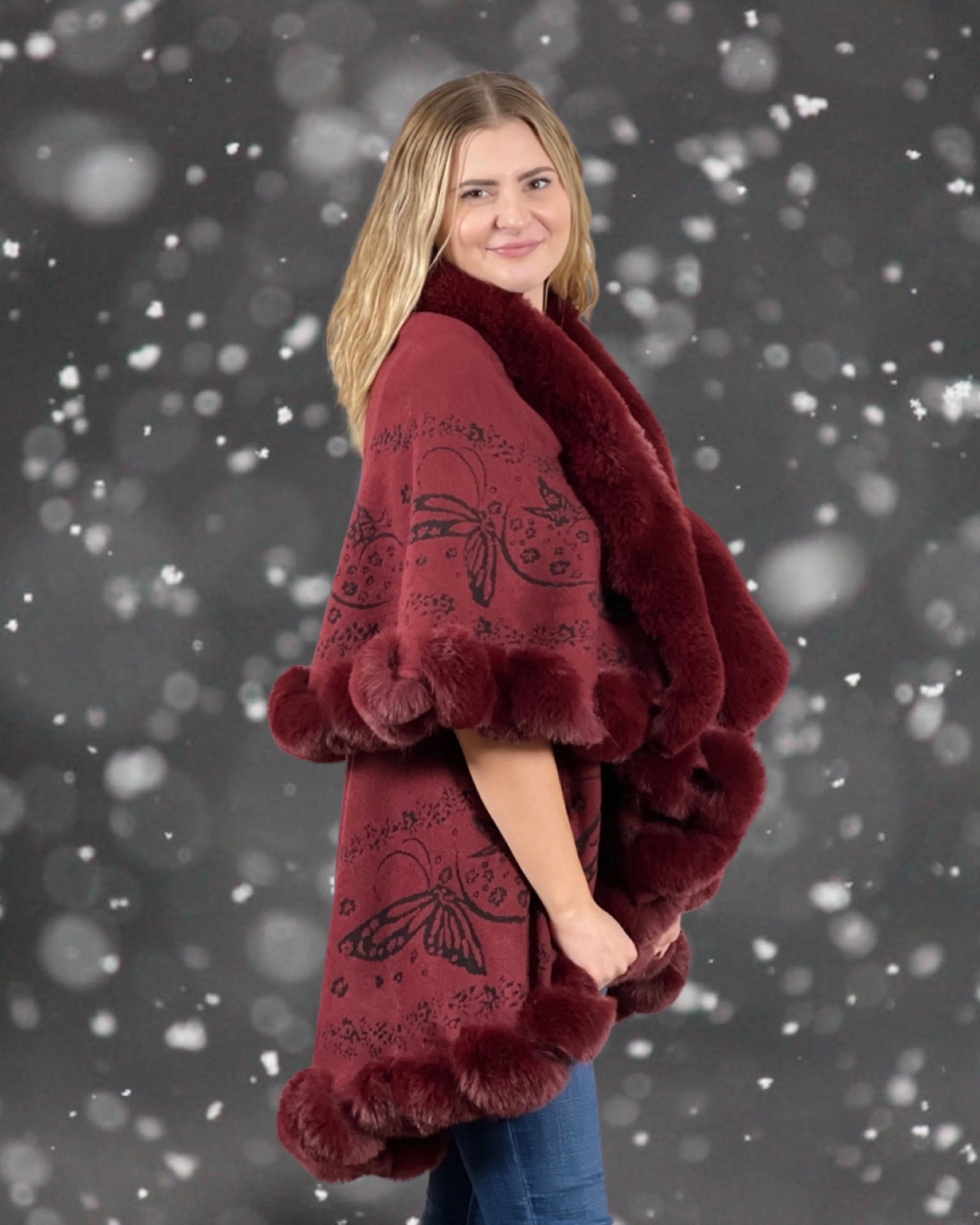 Faux Fur Trim Kimono Knitted Cape with butterfly jacquard pattern Autumn Winter Imitation Rabbit Fur Collar Windproof Cloak Boho Style  Fur Collar Shawl Warm Cardigan - Burgundy