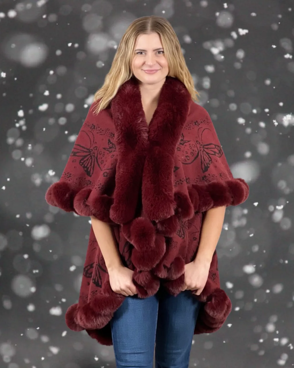 Faux Fur Trim Kimono Knitted Cape with butterfly jacquard pattern Autumn Winter Imitation Rabbit Fur Collar Windproof Cloak Boho Style  Fur Collar Shawl Warm Cardigan - Burgundy