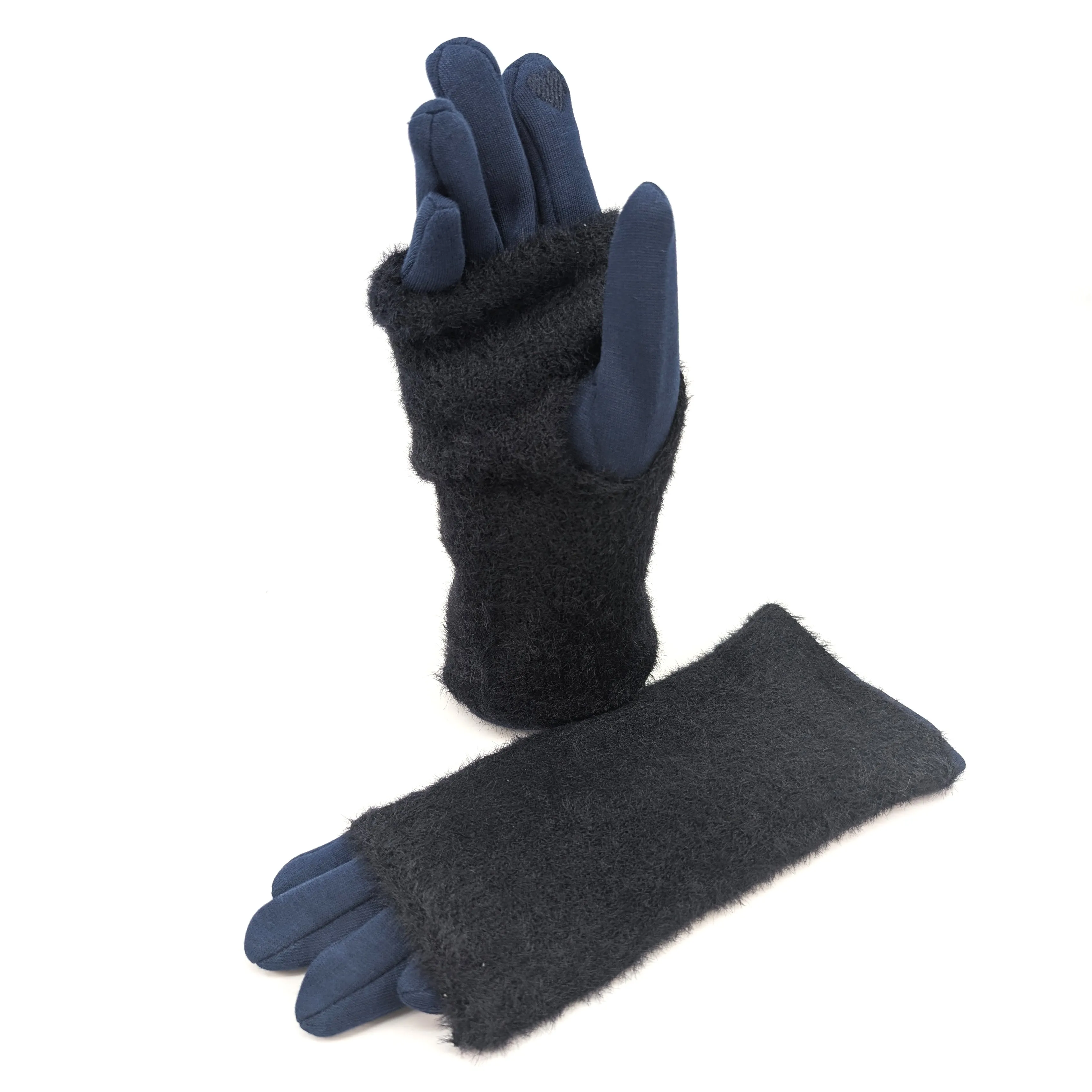 Faux Fur Two in One Gloves - Navy Blue