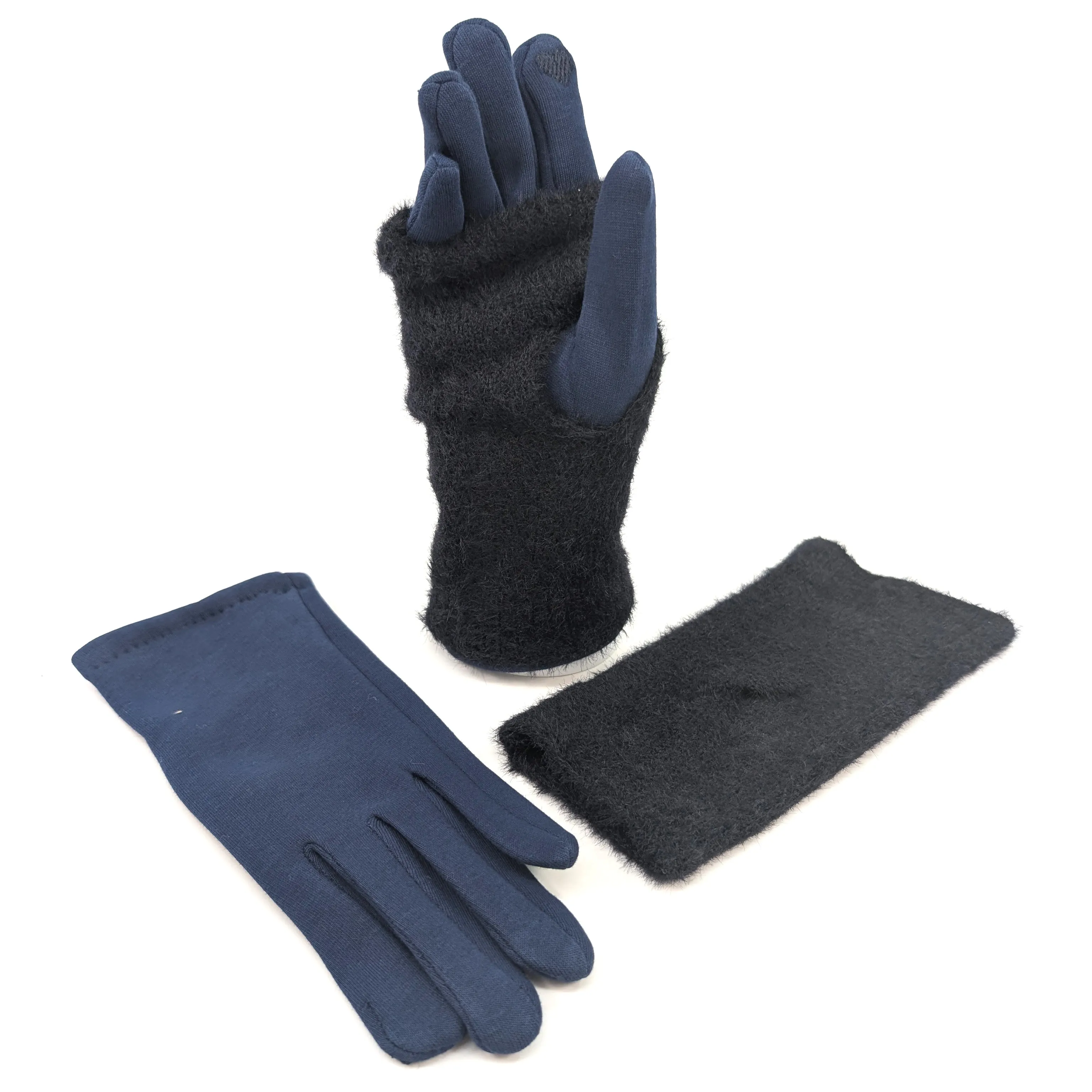 Faux Fur Two in One Gloves - Navy Blue