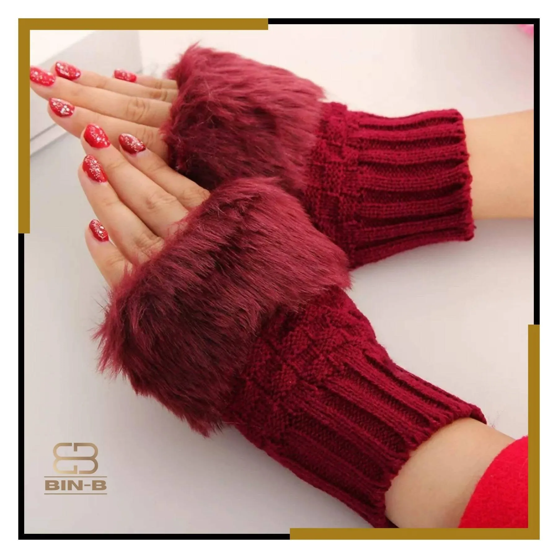 Faux Rebbit Furr Hand Wrist Warmer Winter Fingerless Knitted Gloves