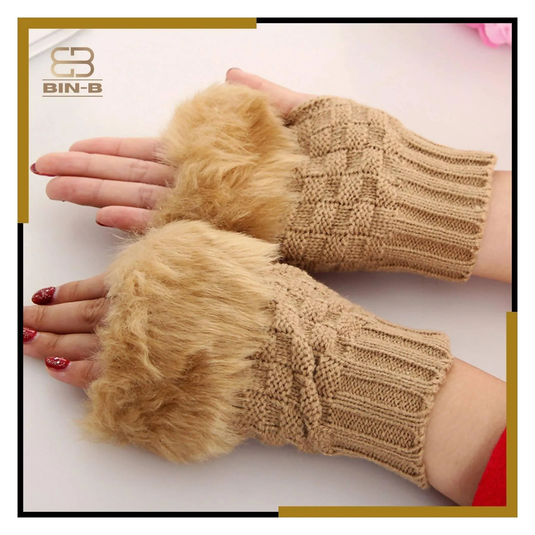 Faux Rebbit Furr Hand Wrist Warmer Winter Fingerless Knitted Gloves