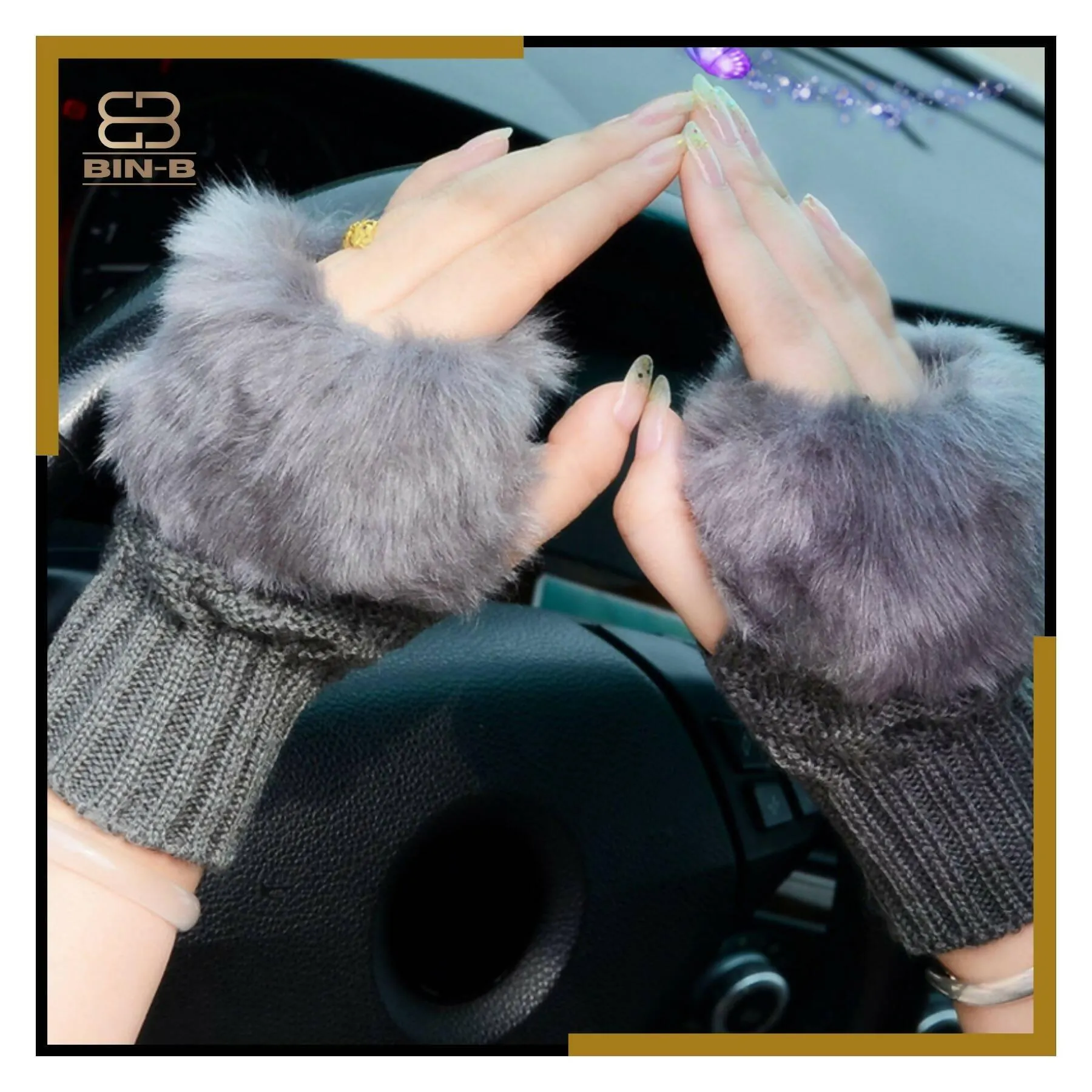 Faux Rebbit Furr Hand Wrist Warmer Winter Fingerless Knitted Gloves