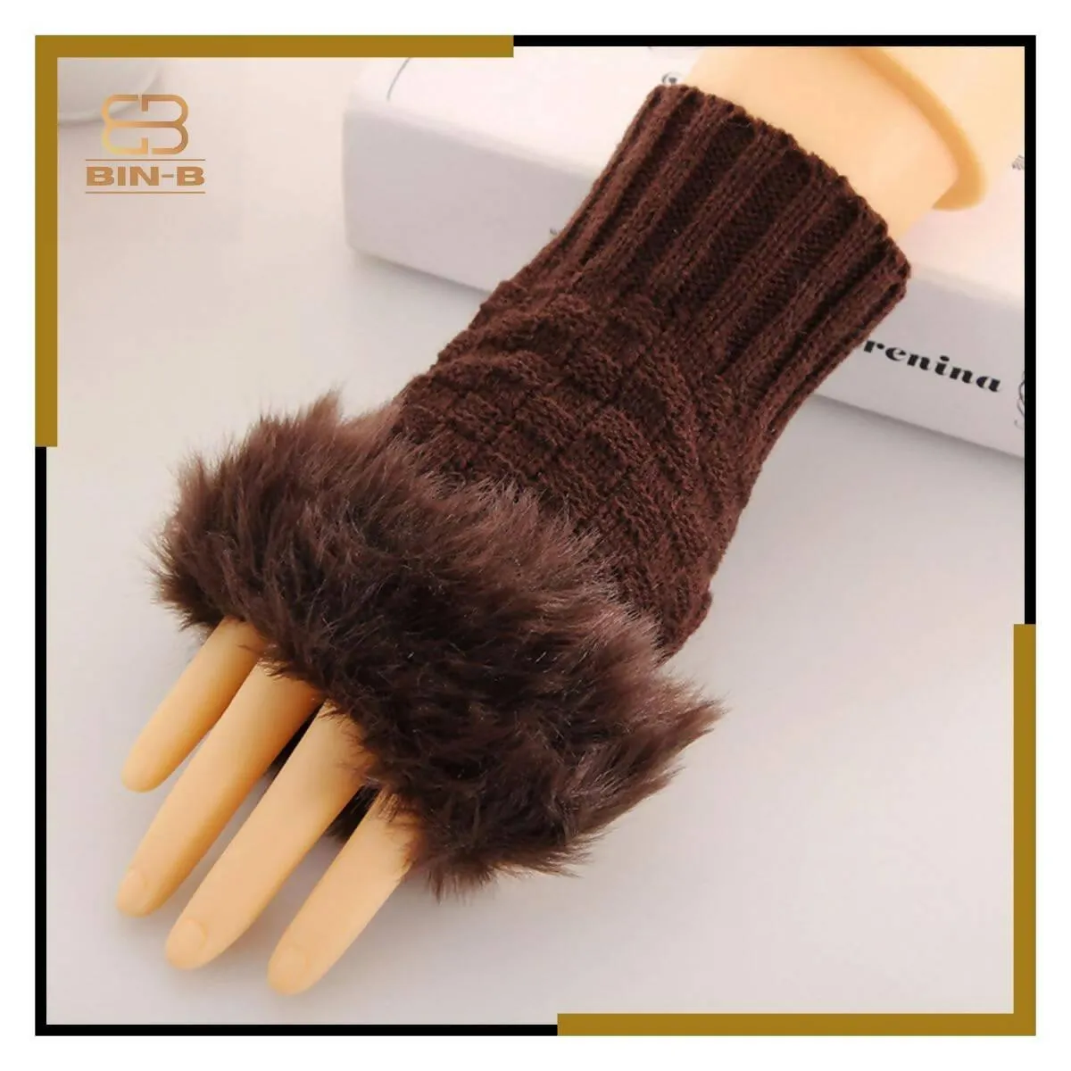 Faux Rebbit Furr Hand Wrist Warmer Winter Fingerless Knitted Gloves