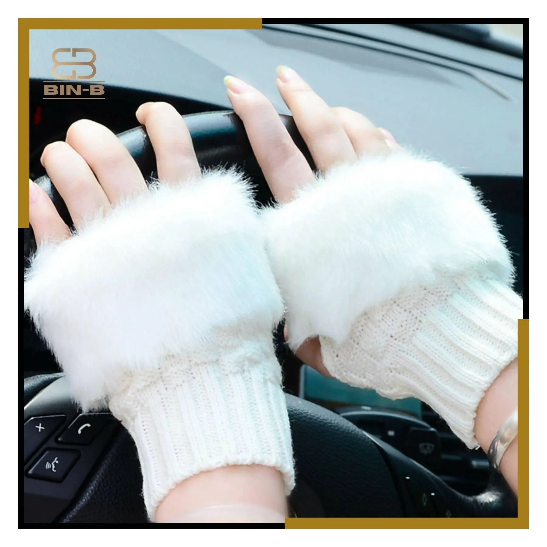 Faux Rebbit Furr Hand Wrist Warmer Winter Fingerless Knitted Gloves