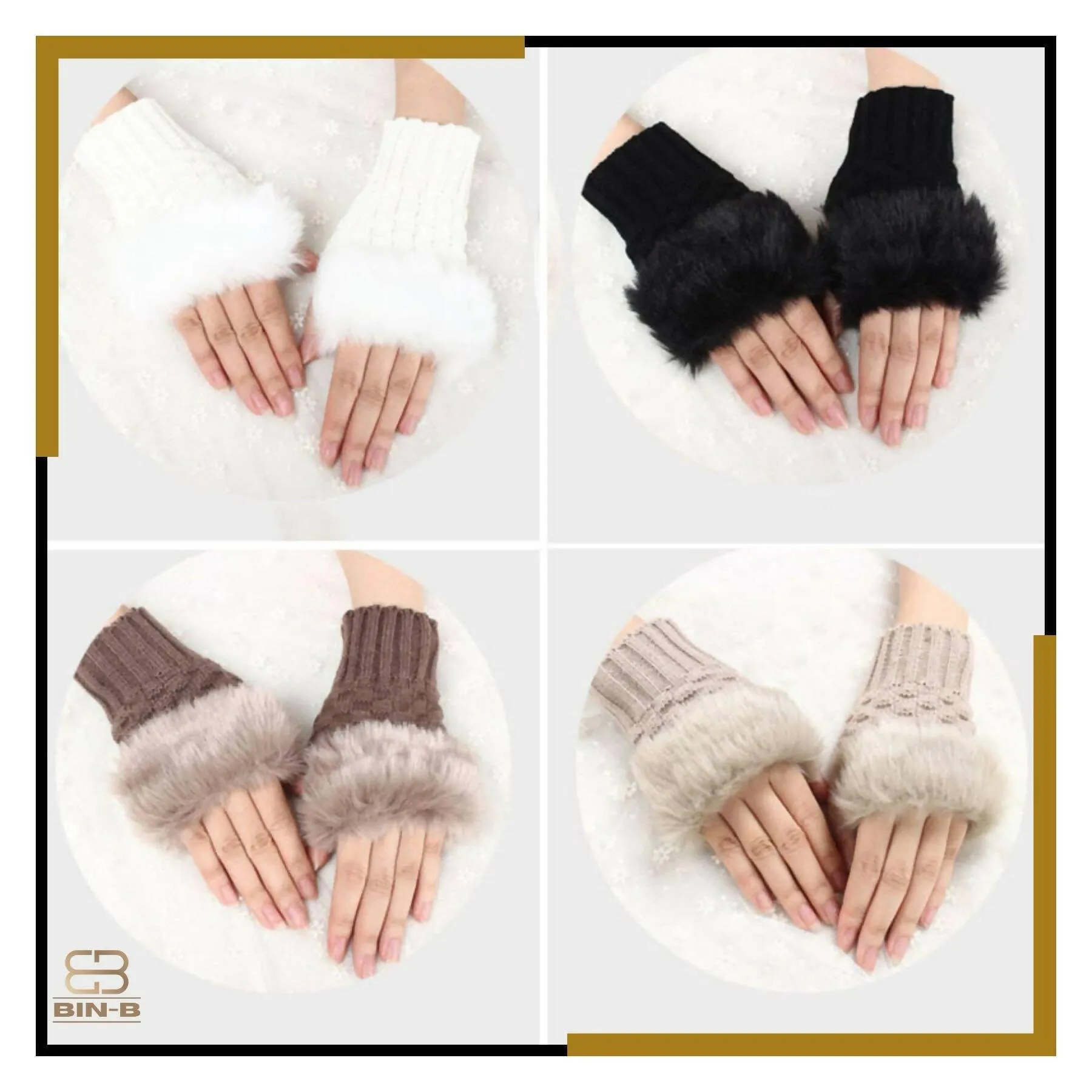 Faux Rebbit Furr Hand Wrist Warmer Winter Fingerless Knitted Gloves