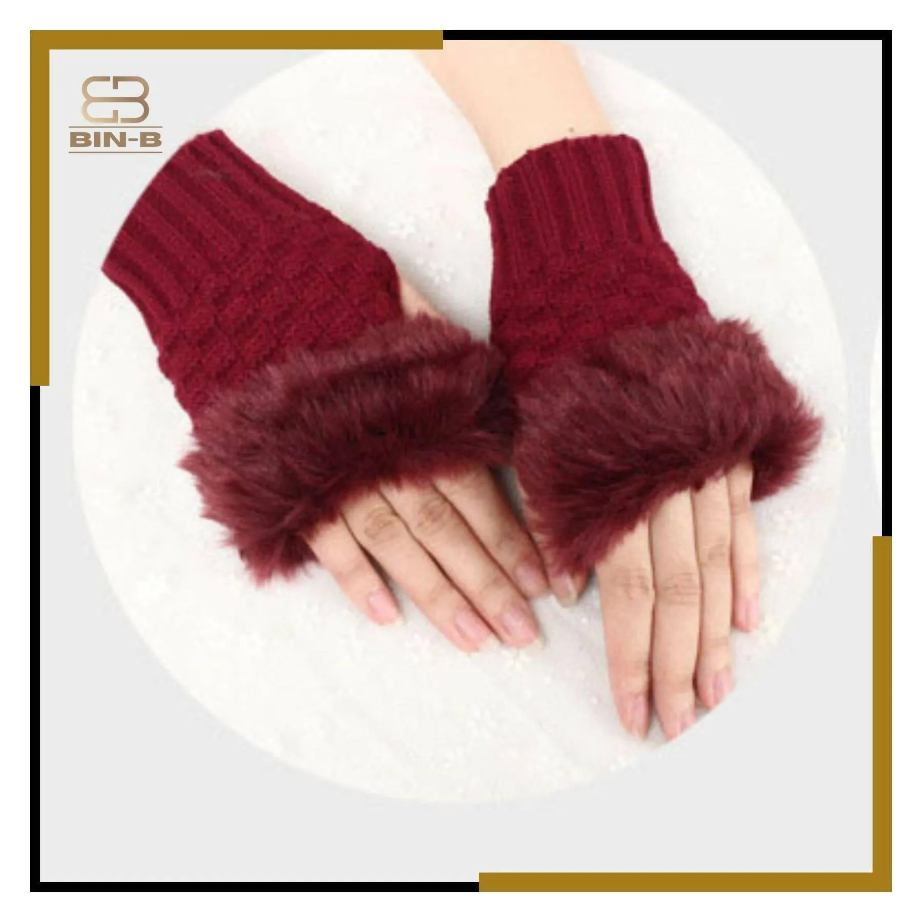 Faux Rebbit Furr Hand Wrist Warmer Winter Fingerless Knitted Gloves