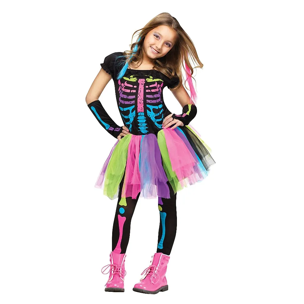 FC356 - Funky Punky Skeleton Bones Halloween Costume with Leggings, Arm mitts and Hair for Girls