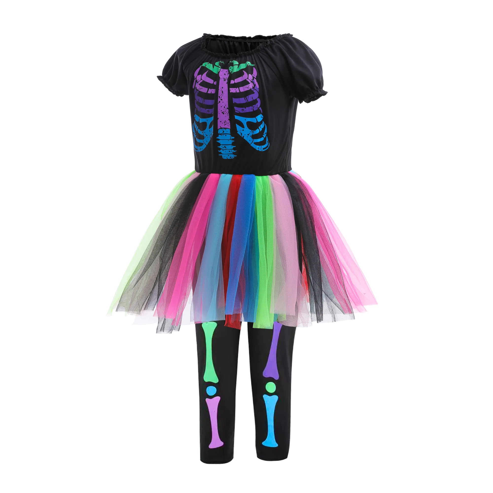 FC356 - Funky Punky Skeleton Bones Halloween Costume with Leggings, Arm mitts and Hair for Girls