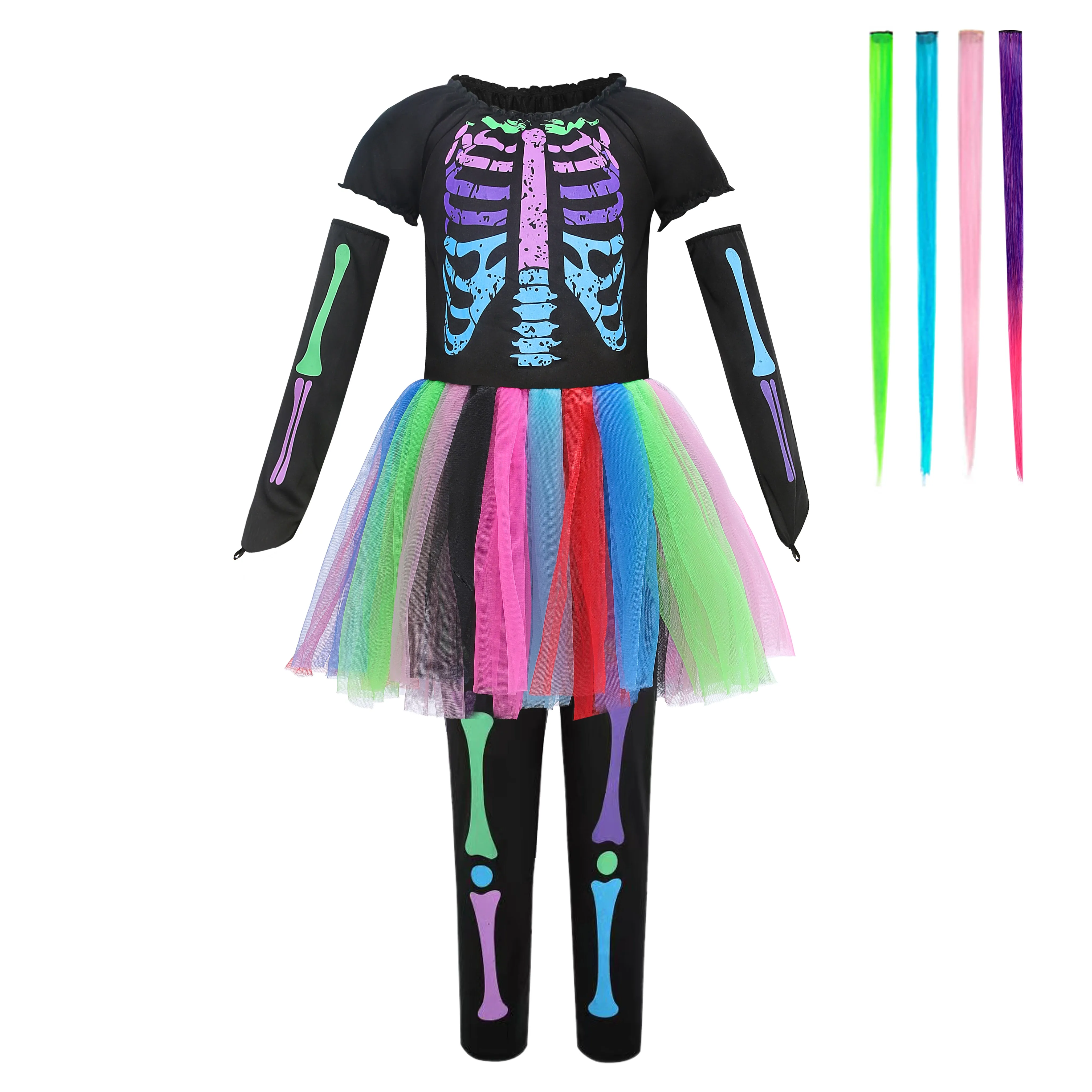 FC356 - Funky Punky Skeleton Bones Halloween Costume with Leggings, Arm mitts and Hair for Girls