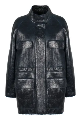 FENDI Dark Blue Shearling Jacket with Adjustable Waist