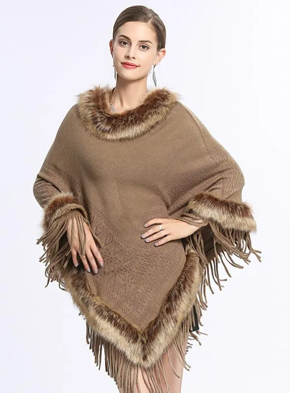 FOX LIKE FUR COLLAR FRINGED PULLOVER KNITTED CAPE SHAWL