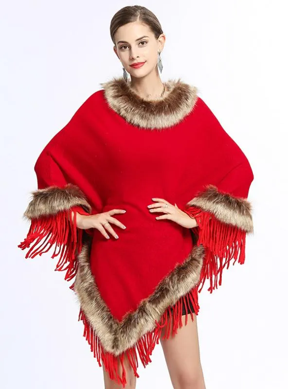 FOX LIKE FUR COLLAR FRINGED PULLOVER KNITTED CAPE SHAWL