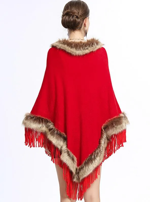 FOX LIKE FUR COLLAR FRINGED PULLOVER KNITTED CAPE SHAWL