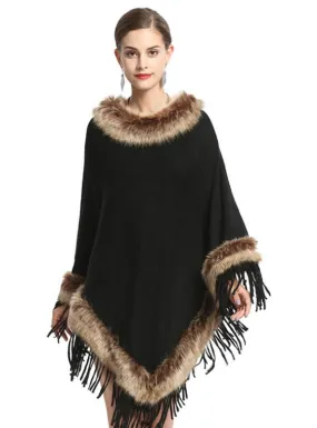 FOX LIKE FUR COLLAR FRINGED PULLOVER KNITTED CAPE SHAWL