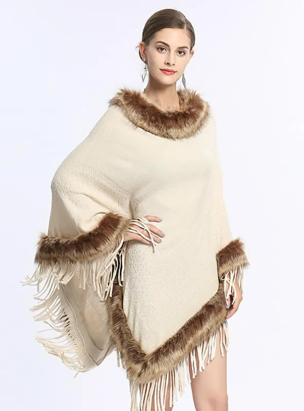 FOX LIKE FUR COLLAR FRINGED PULLOVER KNITTED CAPE SHAWL