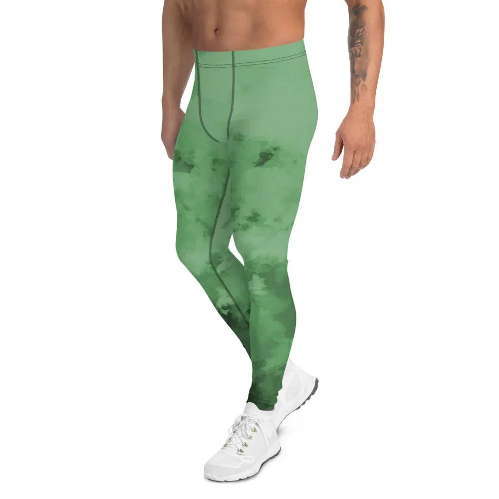 Green Abstract Print Men's Leggings, Abstract Clouds Designer Meggings Compression Tights-Made in USA/EU