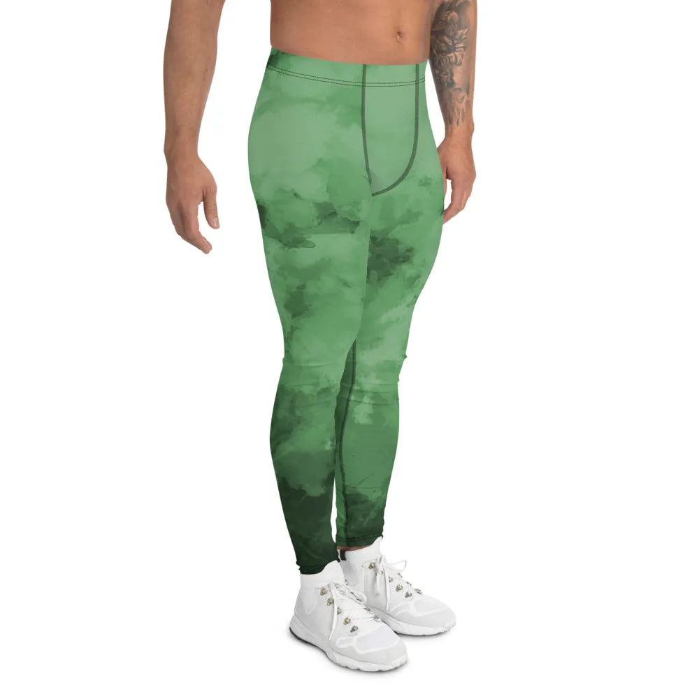 Green Abstract Print Men's Leggings, Abstract Clouds Designer Meggings Compression Tights-Made in USA/EU