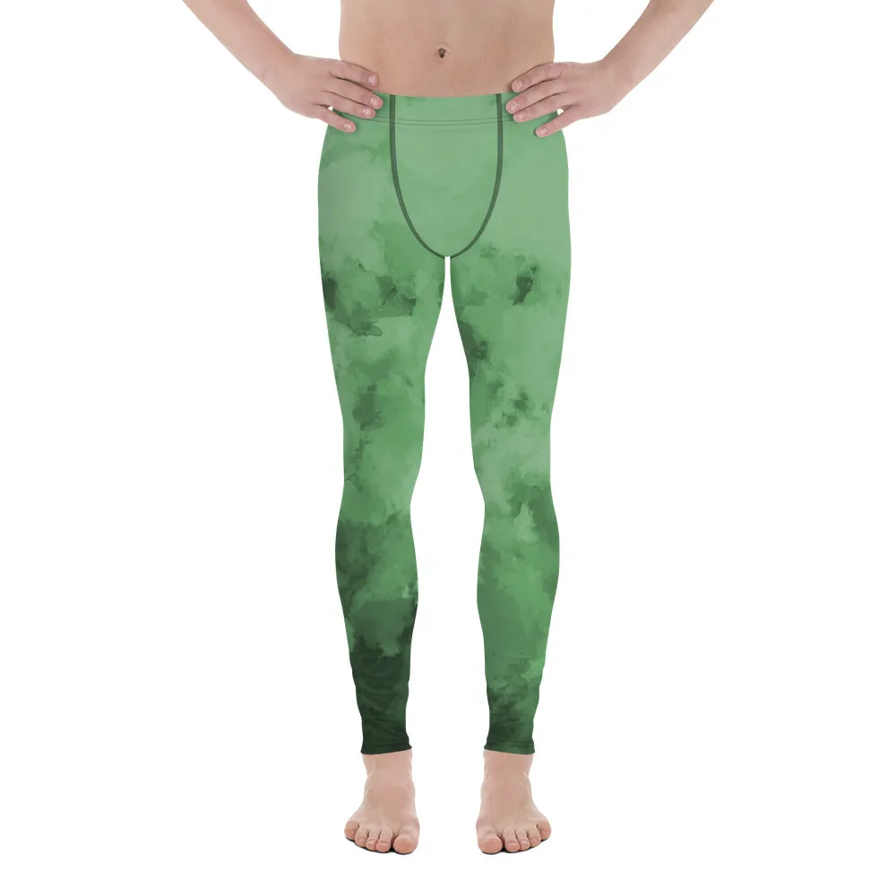 Green Abstract Print Men's Leggings, Abstract Clouds Designer Meggings Compression Tights-Made in USA/EU