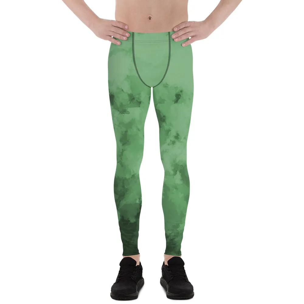 Green Abstract Print Men's Leggings, Abstract Clouds Designer Meggings Compression Tights-Made in USA/EU