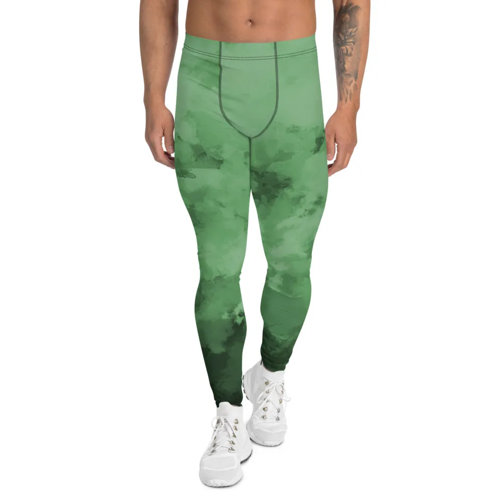 Green Abstract Print Men's Leggings, Abstract Clouds Designer Meggings Compression Tights-Made in USA/EU